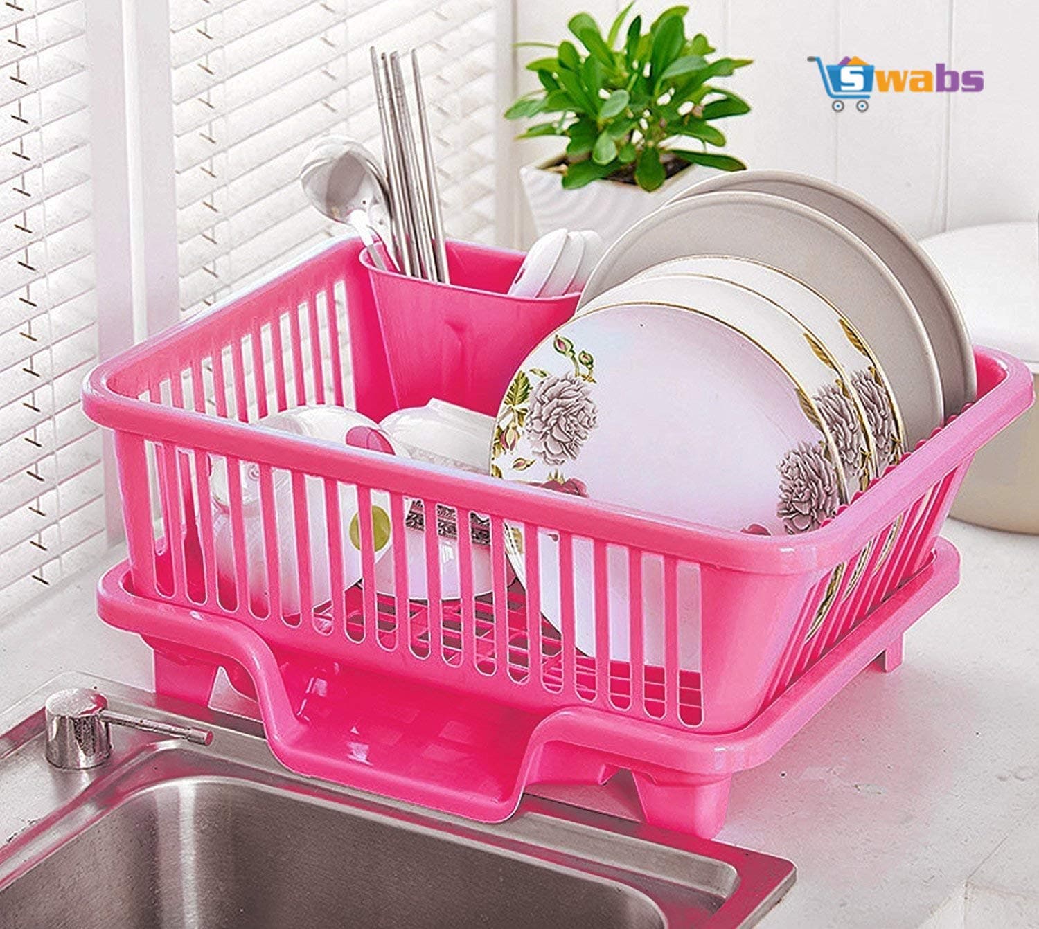 Swabs® 3-in-1 Plastic Kitchen Sink Dish Drying Rack(Small Size) (Multicolour, 44x22x14cm)