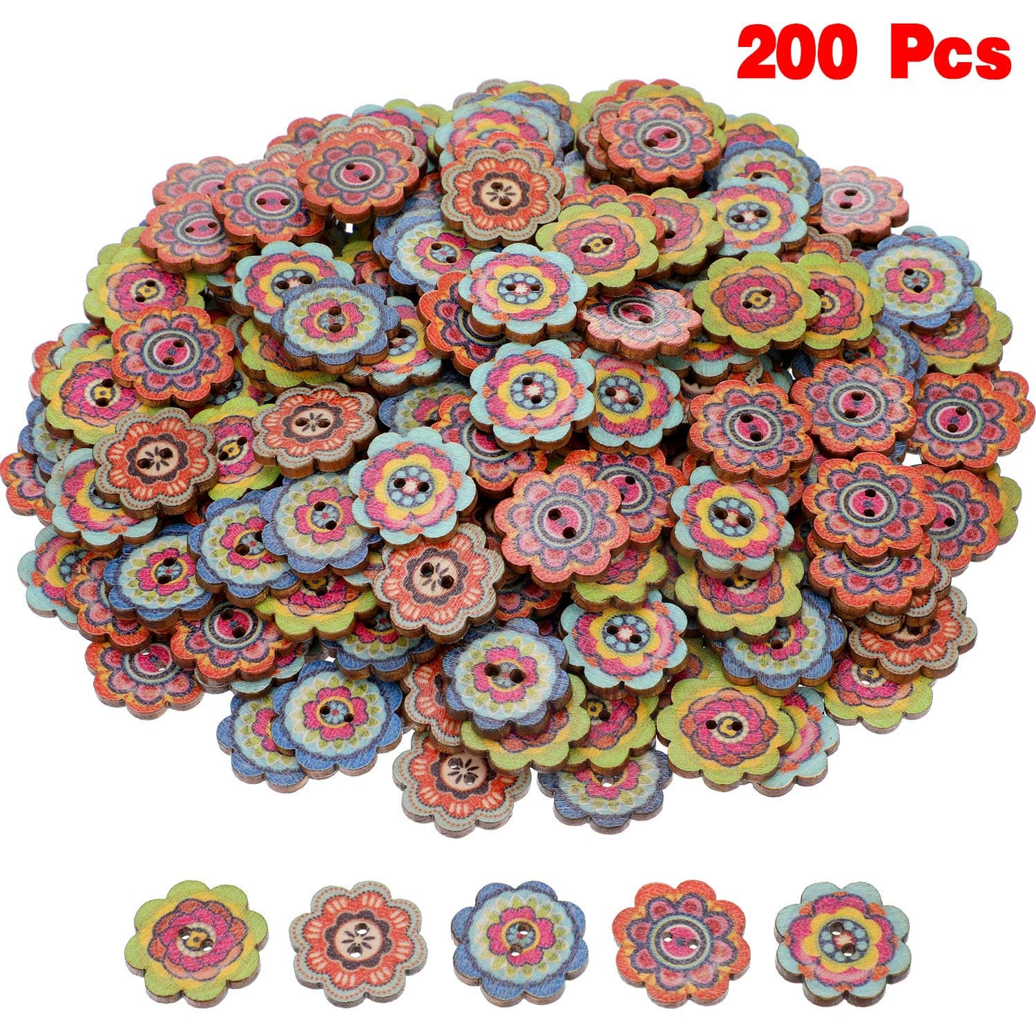 200 Pieces Wooden Decorative Buttons Mixed Round Flower Button with 2 Holes for Sewing Crafting (Style 3, 20 mm)