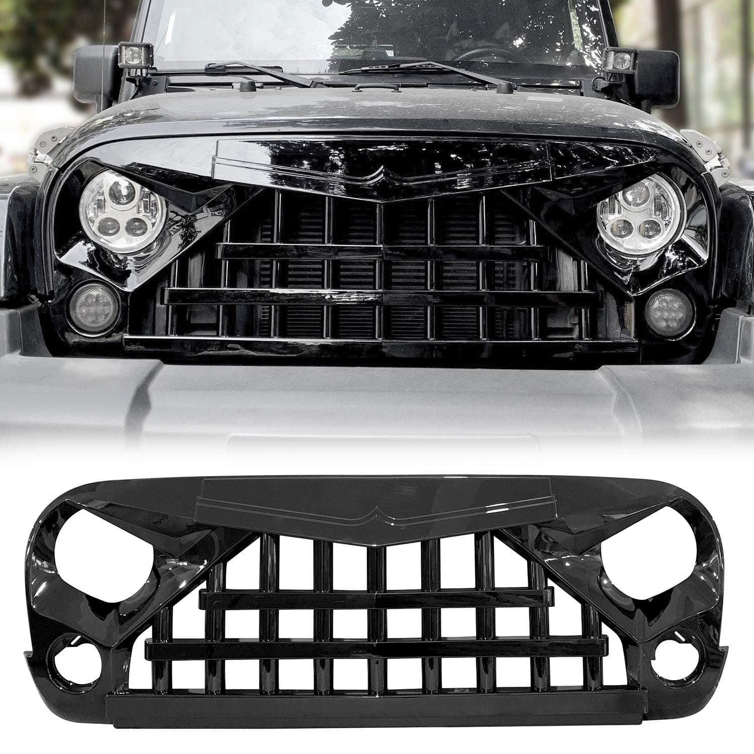IBACP JK Front Grille Samurai Grid Grill Warrior Style Newest Grille Guard Bumper for 2007-22017 2018 Jeep Wrangler JK & JKU 2/4 Door Unlimited Rubicon Sahara Sport Exteriro Parts, Glossy Black