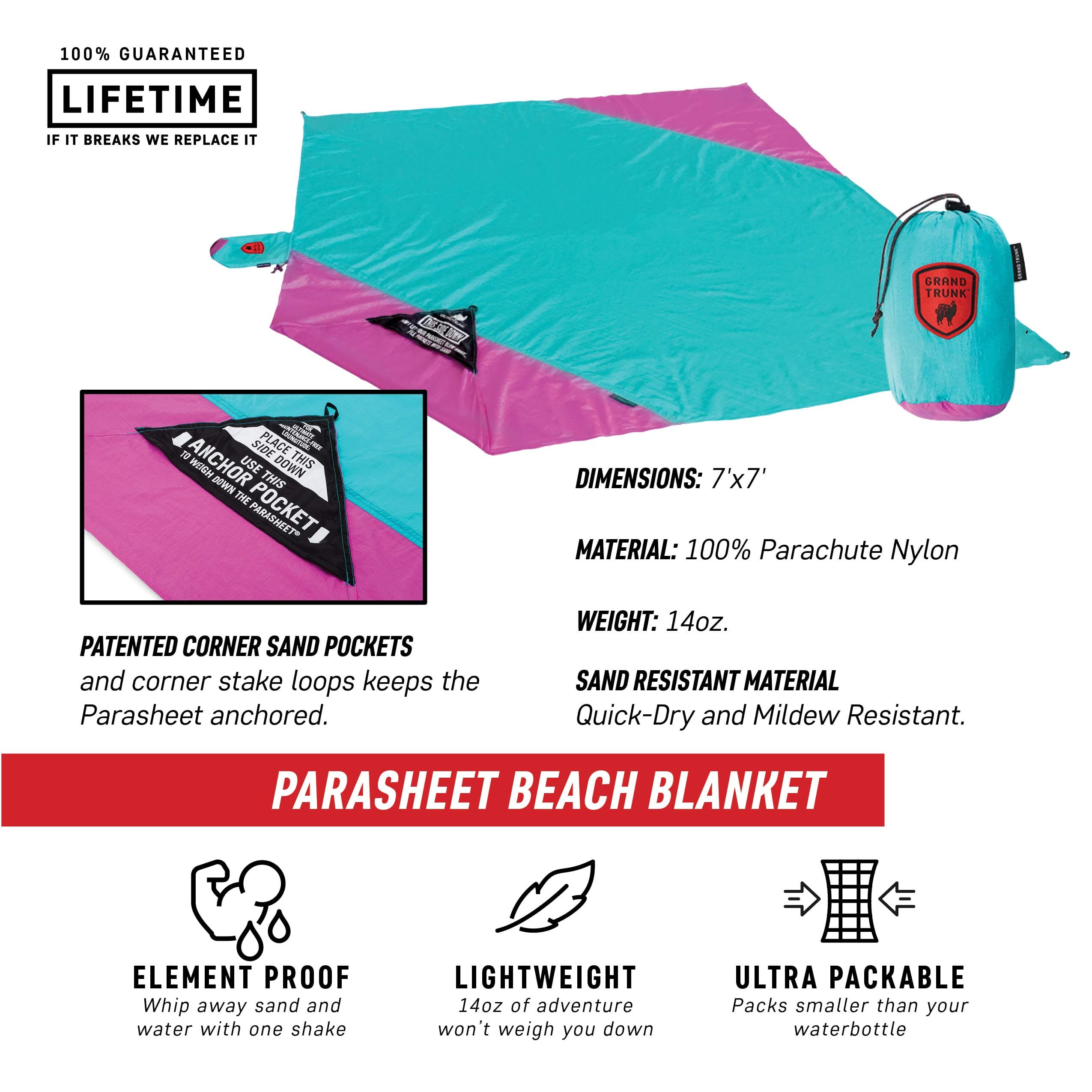 Grand Trunk Parasheet Beach Blanket or Picnic Blanket with Patented Sand Anchor Pockets, Stake Loops, and Attached Stuff Sack | Best Beach Blanket for Outdoors