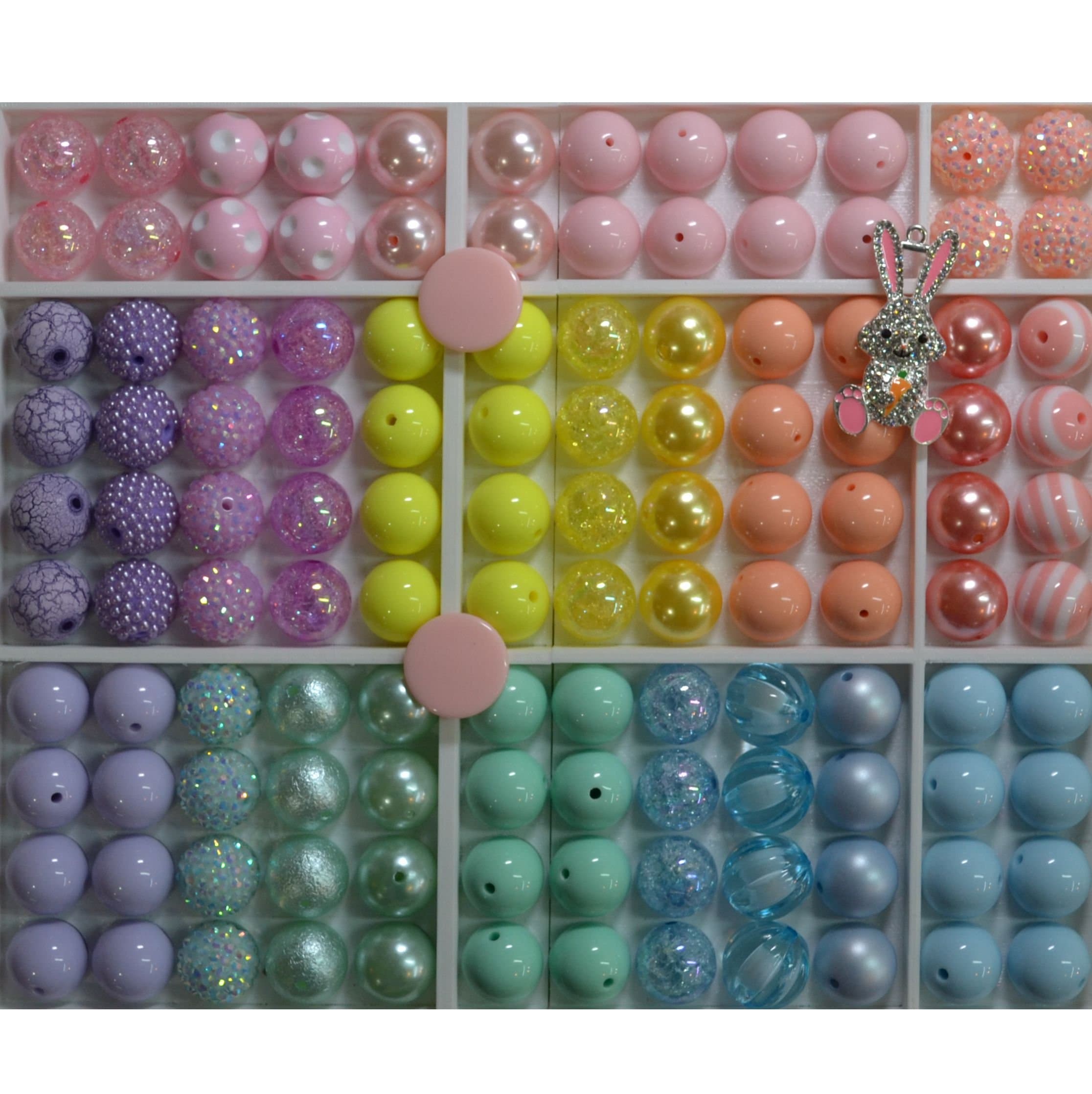 Spring Easter Themed Bulk Party Mix of 20mm Acrylic Bubblegum Beads in Pastel Colors with Bunny Rhinestone Pendant