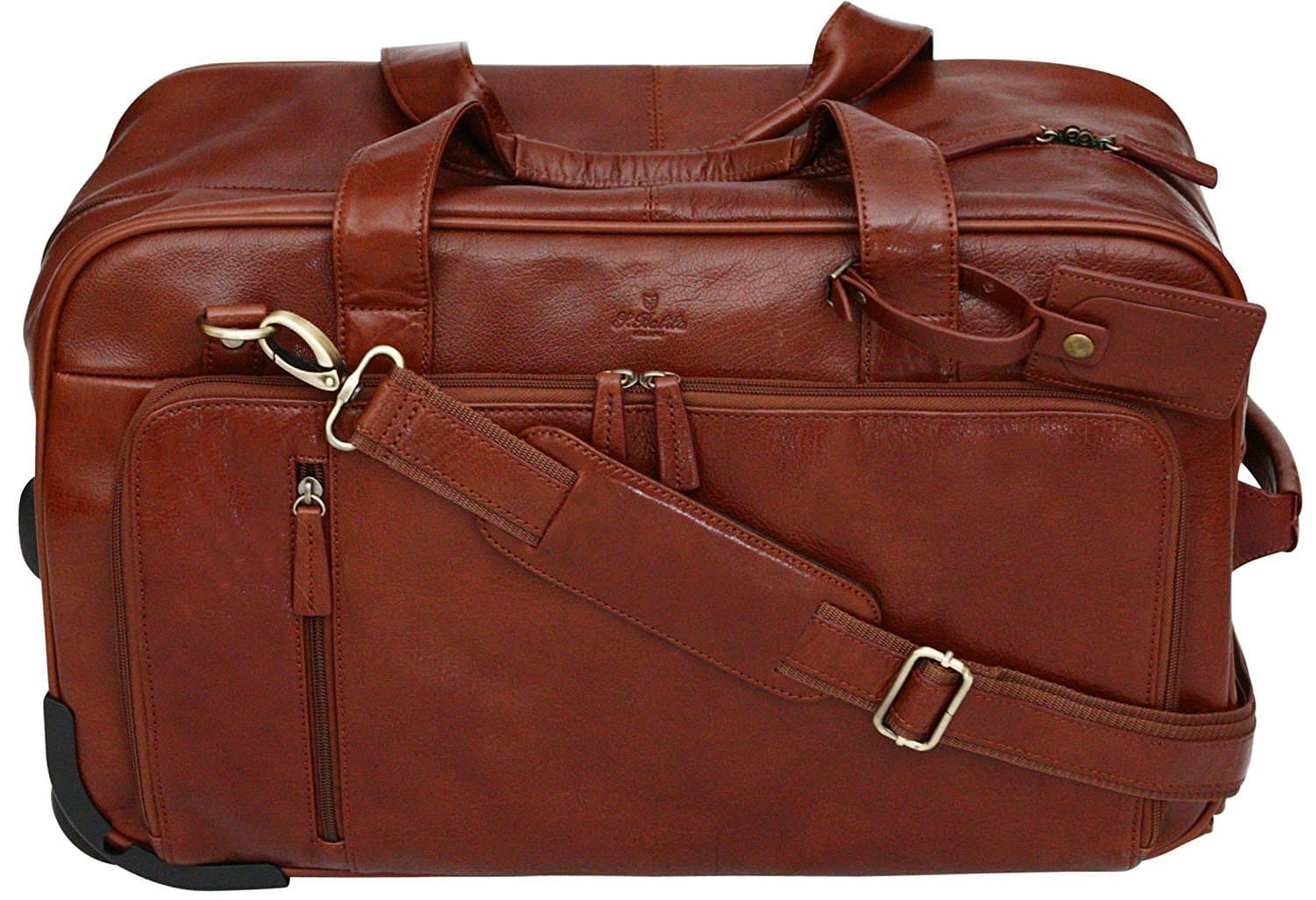 S Babila Top Grain Leather Wheeled Holdall - Push Button Telescopic Handle - Cognac