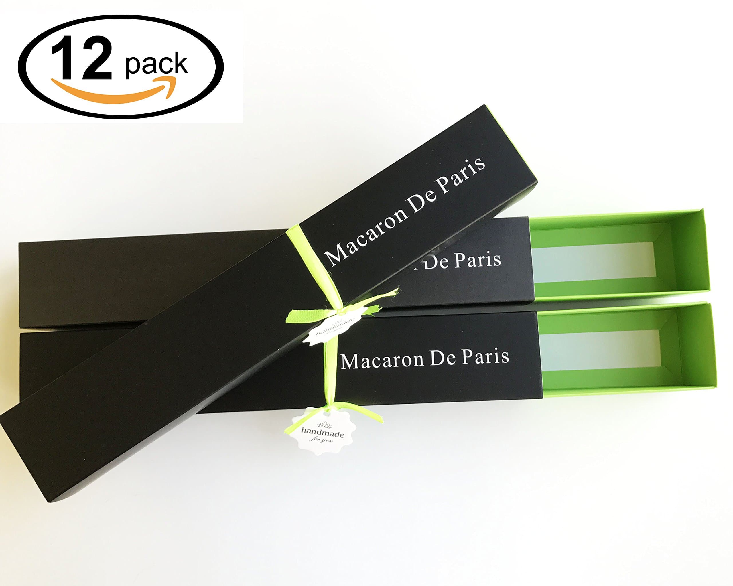 12 Packs Macaron Box, Chocolate Container, Cookie Holder With Green Ribbons and ‘Handmade’ Tags, Holds 12 Macarons. || by KooCoo Mummy (Green Drawer)