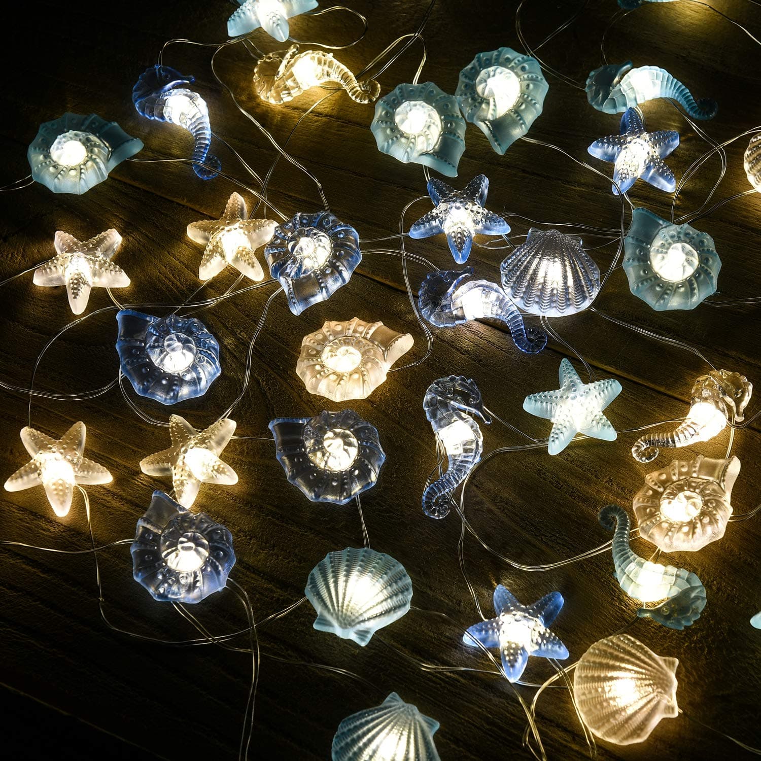 Nautical Beach Decor led String Lights Under The sea Coastal Ocean Theme Navy Fish net Decorations for Room Bedroom Bathroom Wall Table Centerpieces Seashell Starfish Seahorse Conch Easter Party