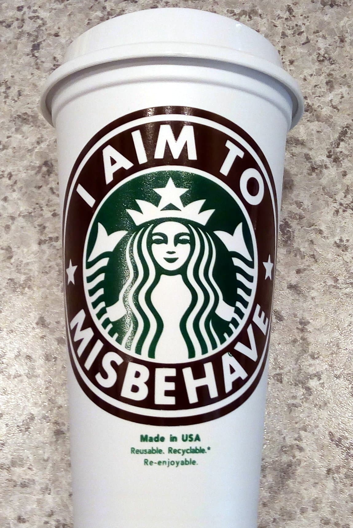 I Aim to Misbehave from Firefly Serenity, Starbuck's 16 oz Plastic Reusable Travel Cup Glitter