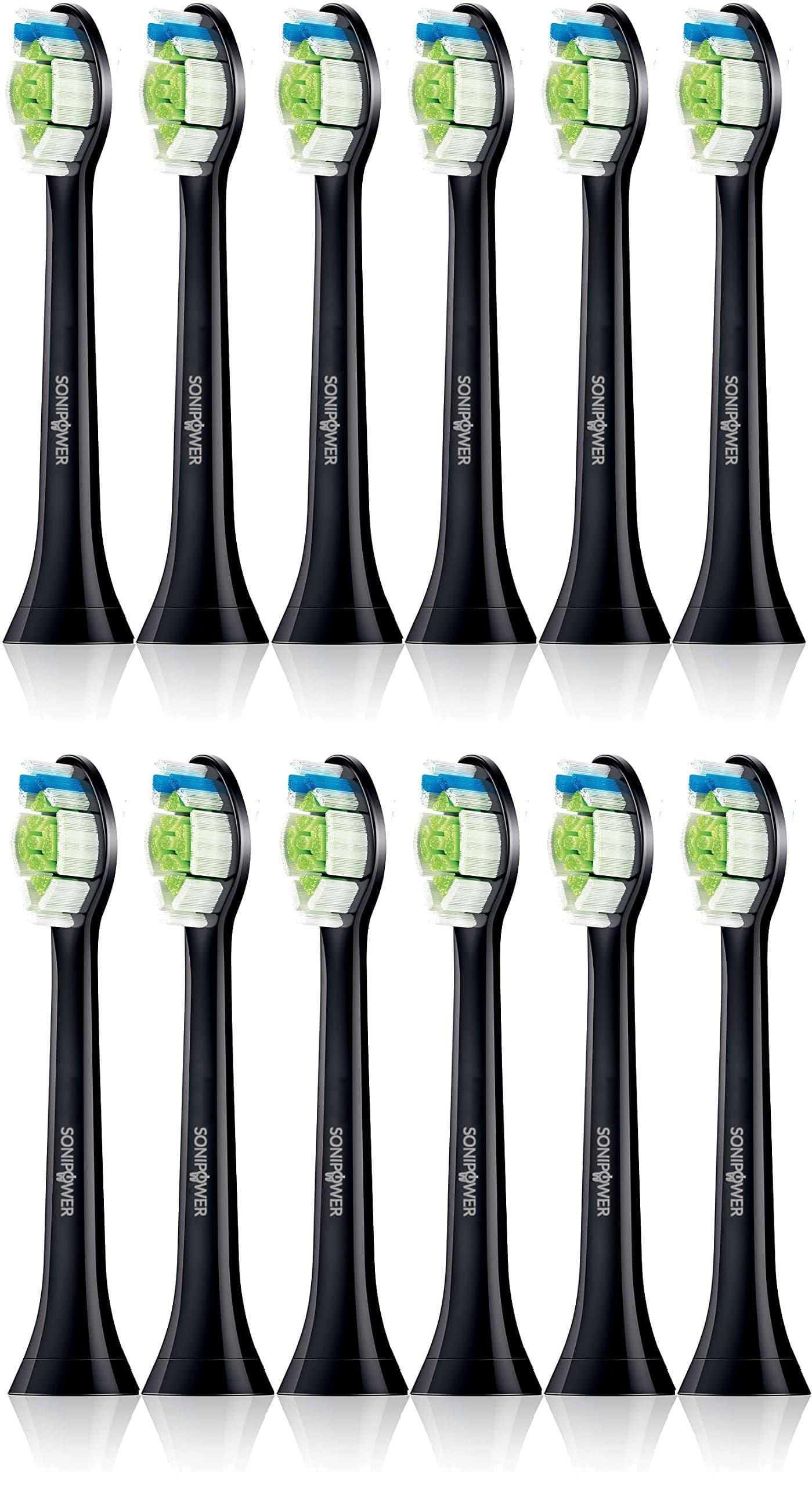12 Pack Sonipower Black Dimaond Clean Standard size Replacement Toothbrush Head for Philips Sonicare Click On Brush Heads HX6062/94 HX6066/31