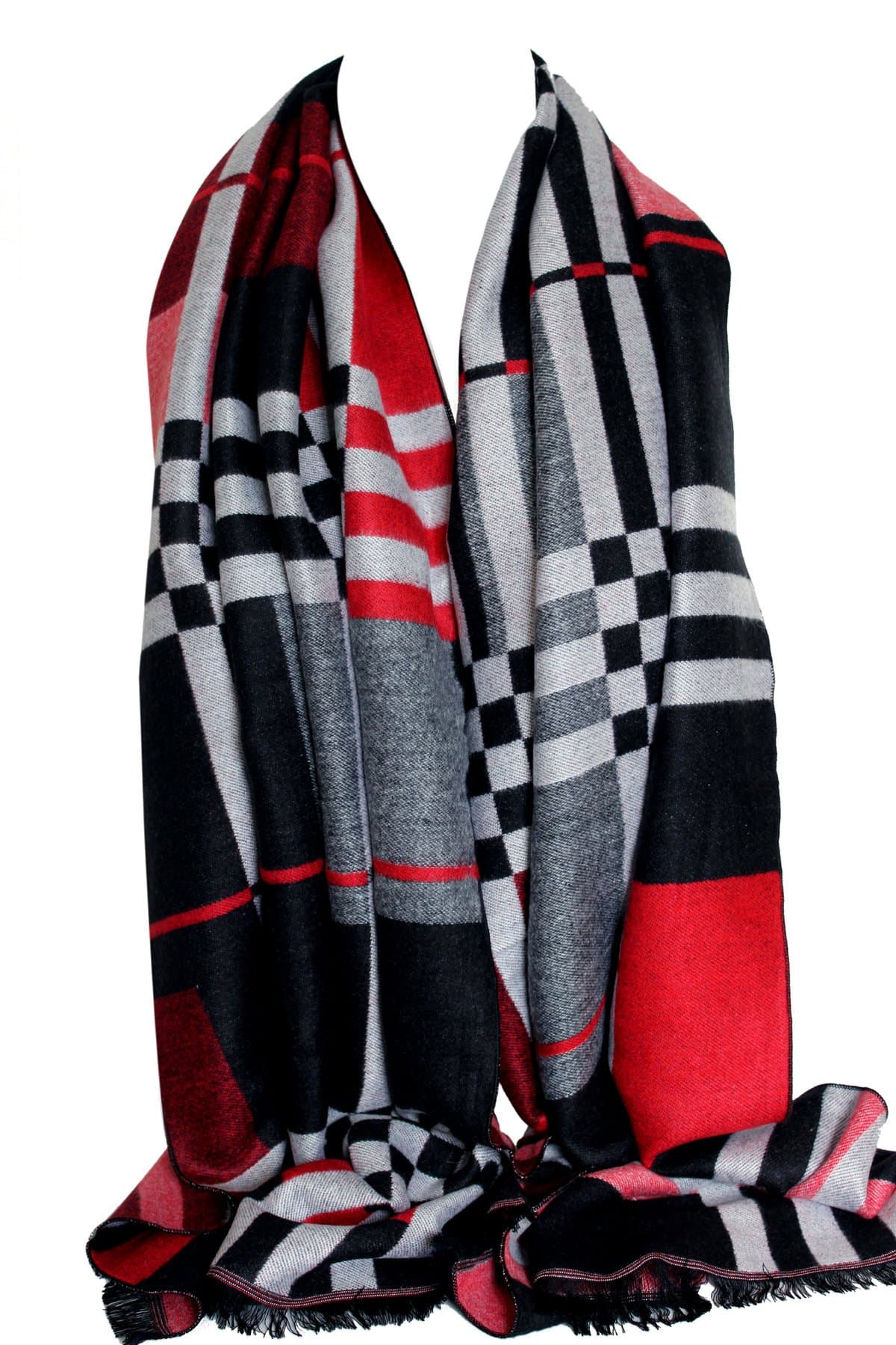 Plush 2 Sided Reversible Red Black Cashmere Blend Check Print Blanket Wrap Scarf Shawl