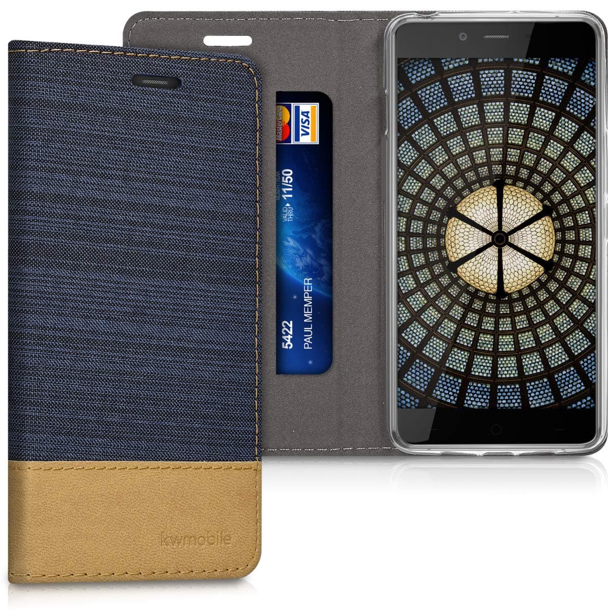 kwmobile Book Style Case for OnePlus X (5.0") - PU Leather Fabric Protective Wallet Cover with Stand - Dark Blue/Brown