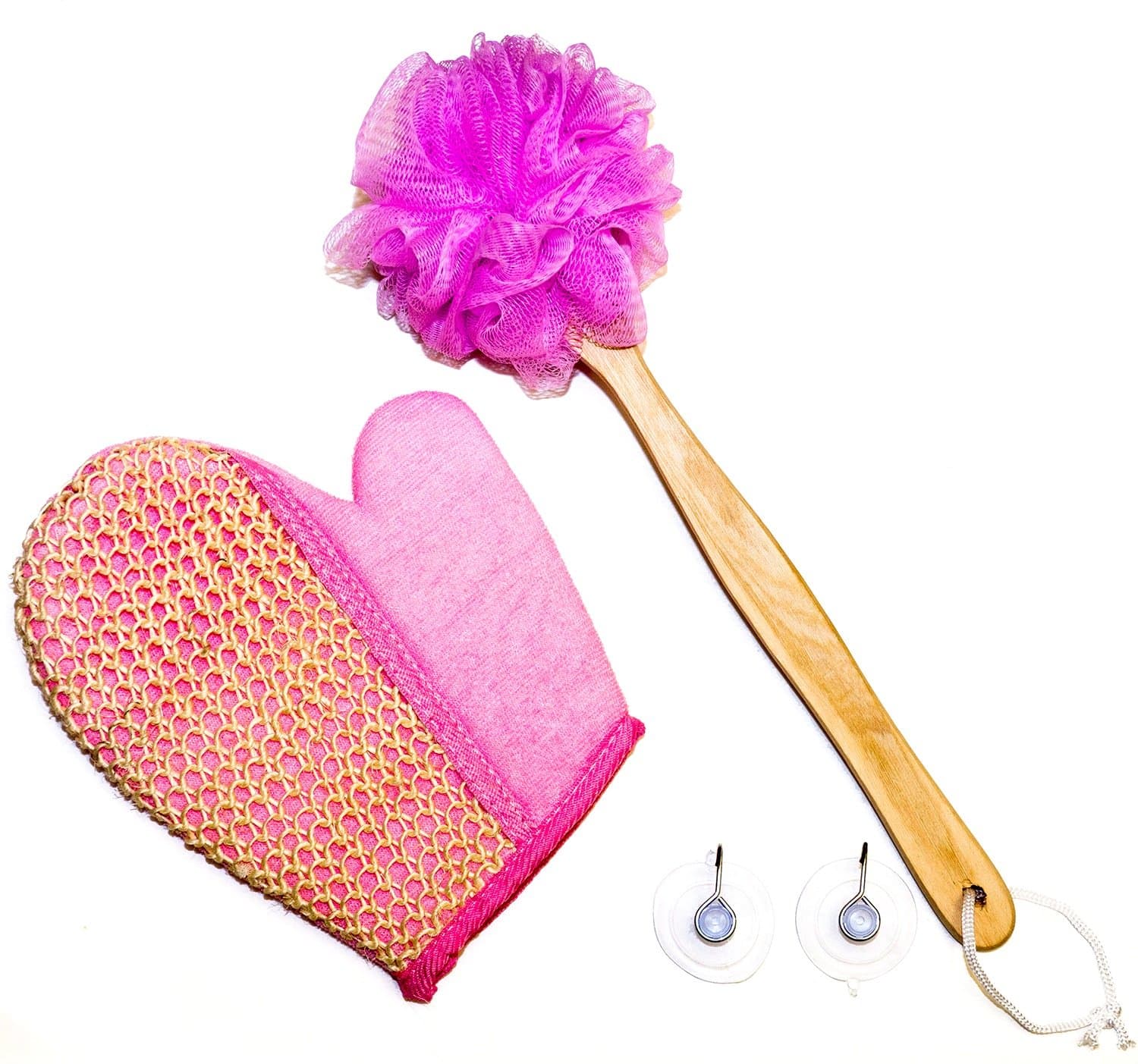 Best Pink 4 Piece Bath Shower Back Scrubber Loofah Luffa Mesh Pouf Sisal Glove Sponge with Suction Hangers.(4 Piece Pink)