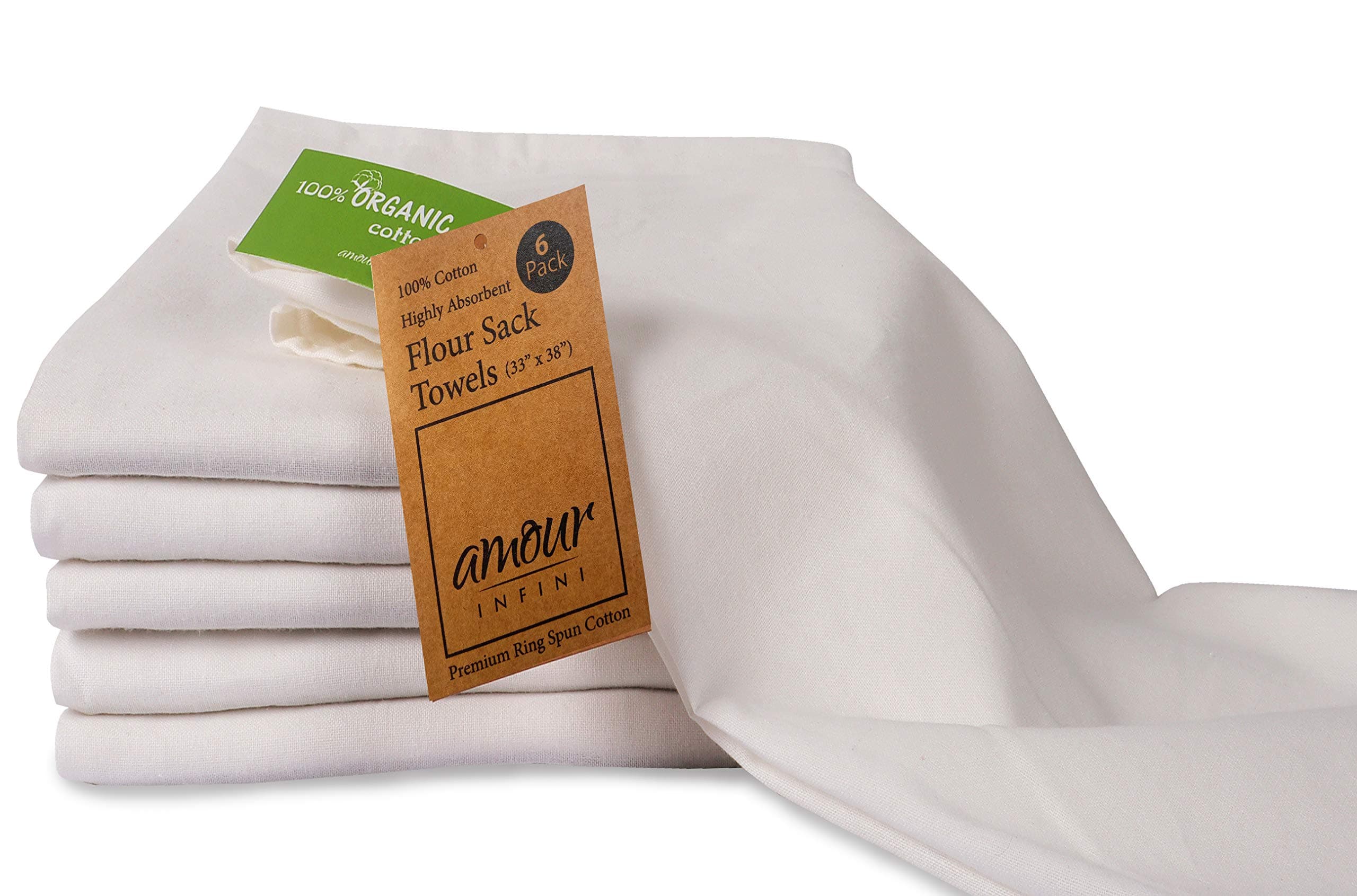 AMOUR INFINI Flour Sack Towels | Multi-use Kitchen Towels, Dish Towels, Cloth Napkins |100% Ring Spun Cotton | Highly Absorbent Tea Towels for Embroidery | 6 Pack | 33 x 38 Inch | Off- White