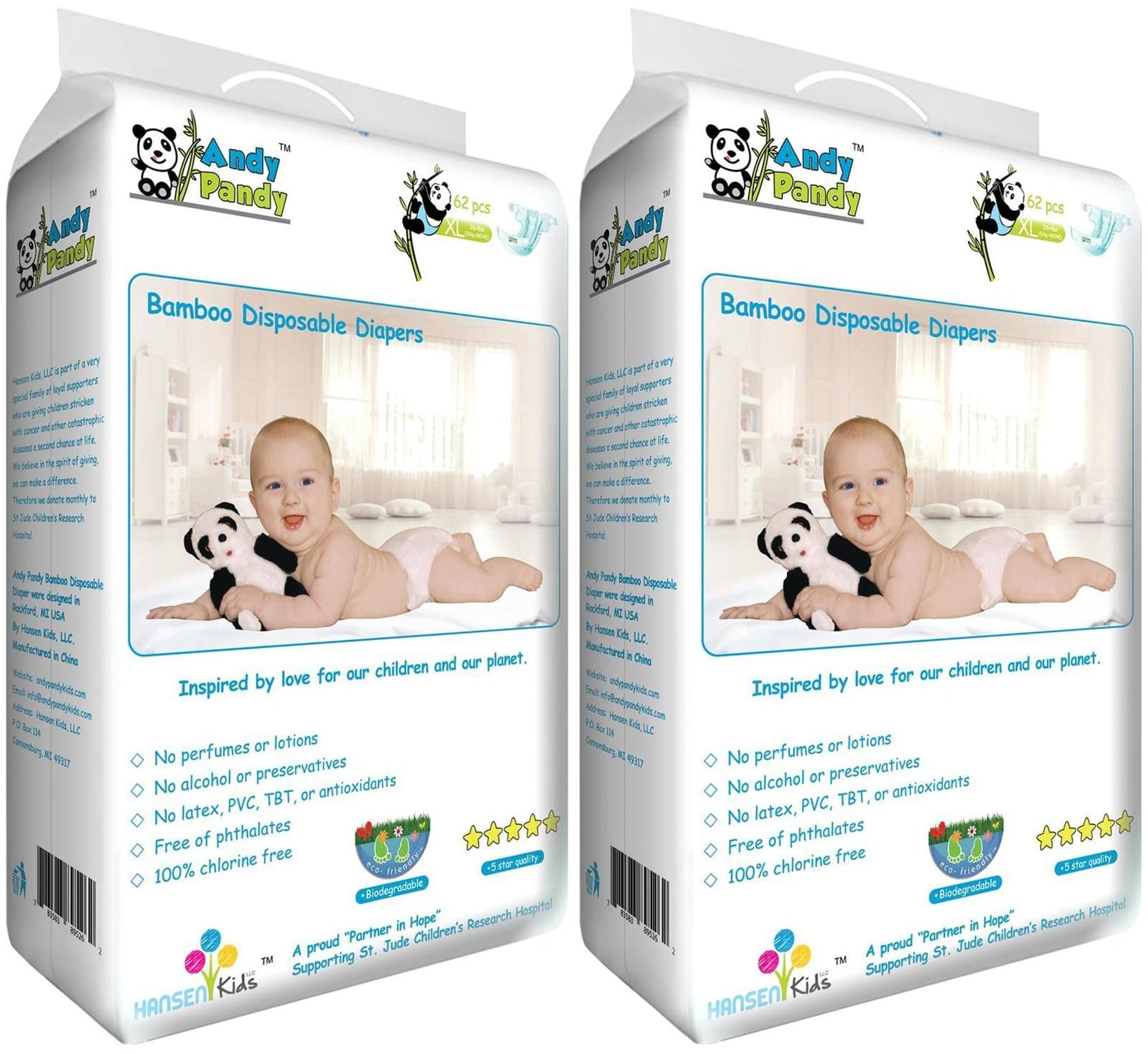 Andy Pandy Premium Bamboo Disposable Diapers, X-Large, 124 Count