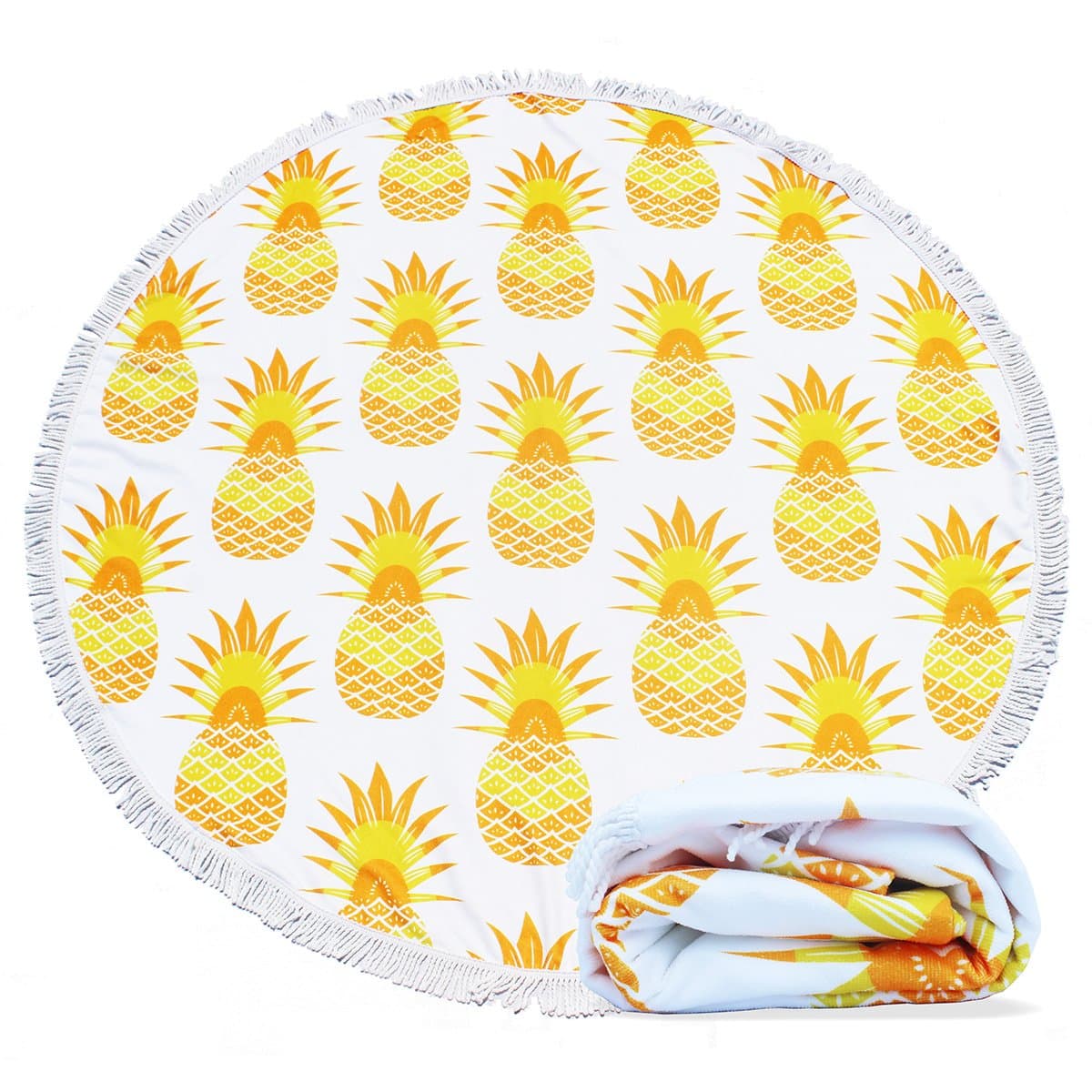 Filly Wink Round Beach Towel Oversized, Pineapple Microfiber Thick Beach Blanket Roundie Tapestry Throw Yoga Picnic Mat with Tassels Ultra Soft Room Decor Multi-Purpose Towel 59 inch Yellow