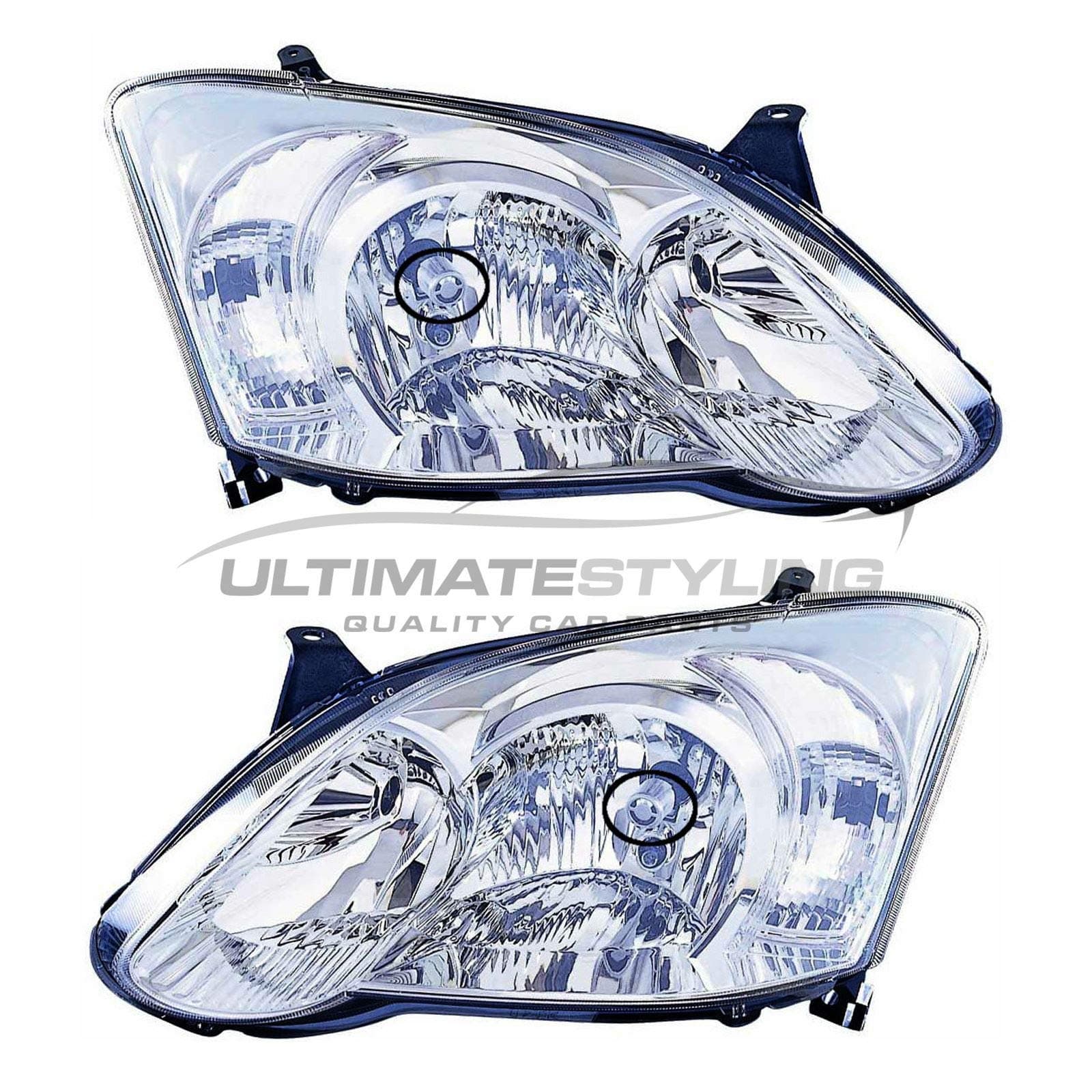 Ultimate Styling Electric Adjustment Halogen Headlights/Headlamps With Load Level Motor Drivers & Passenger Side Internal Colour (Bezel) As Pictured