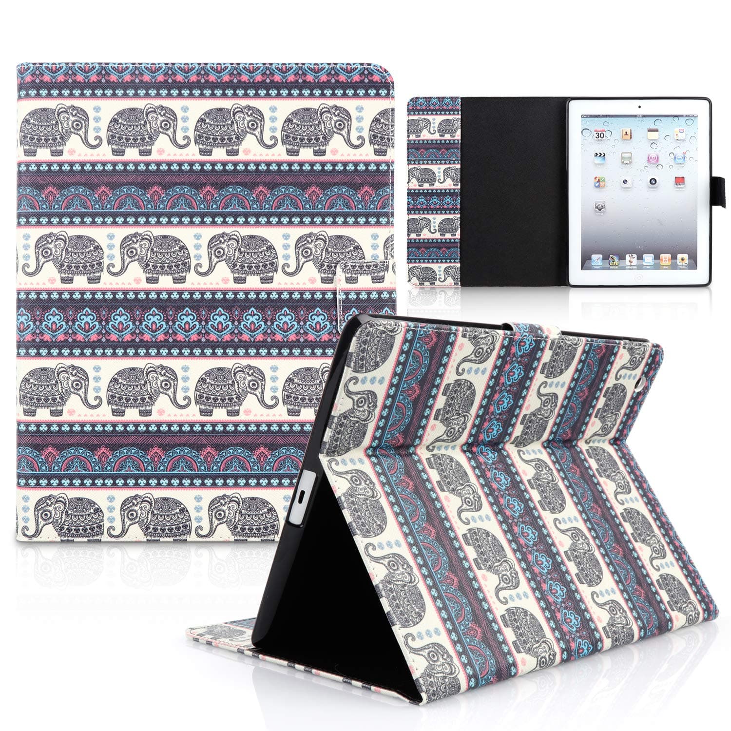 iPad Case, iPad 2/3/4 Case, HAOCOO Stylish Art Printed Flip PU Leather Stand Protective Case with Card Slots for Apple iPad 2/3/4 Generation (9.7 Inch) (Sketch Elephant)
