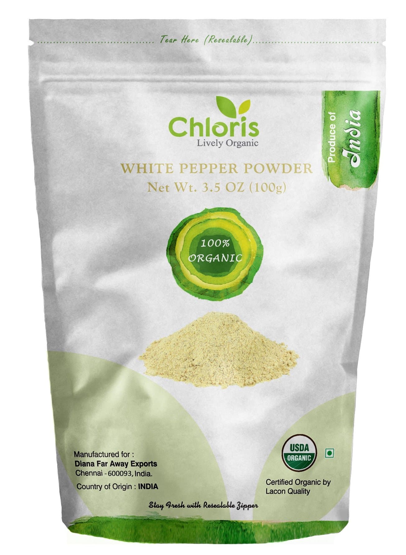 Chloris-Organic White Pepper Powder, 3.5 oz