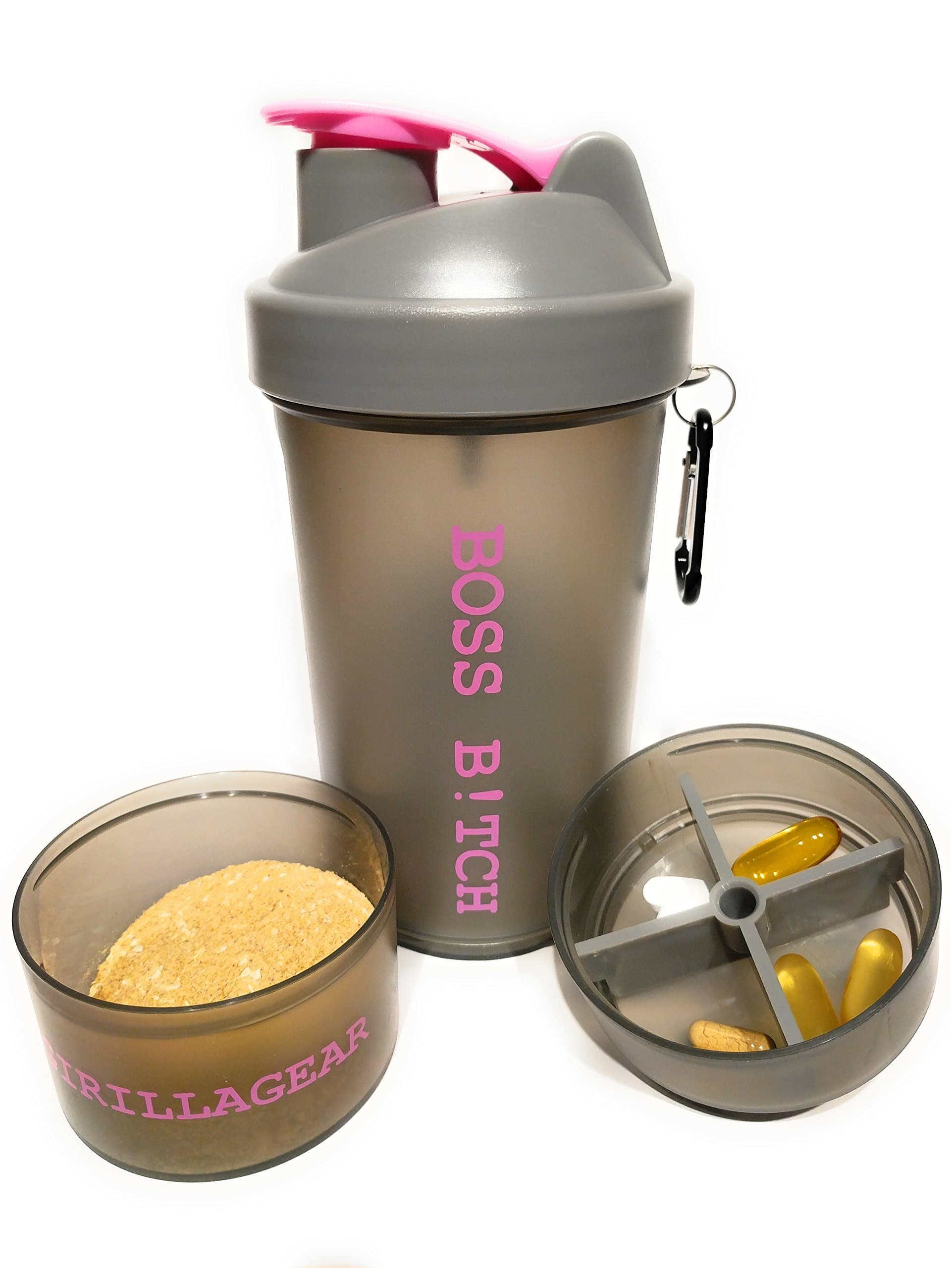 BOSS B!TCH Shaker Cup, Pink and Gray, Pill Storage, Powder Storage, Great Bottle for Mixing Your Protein or just Water