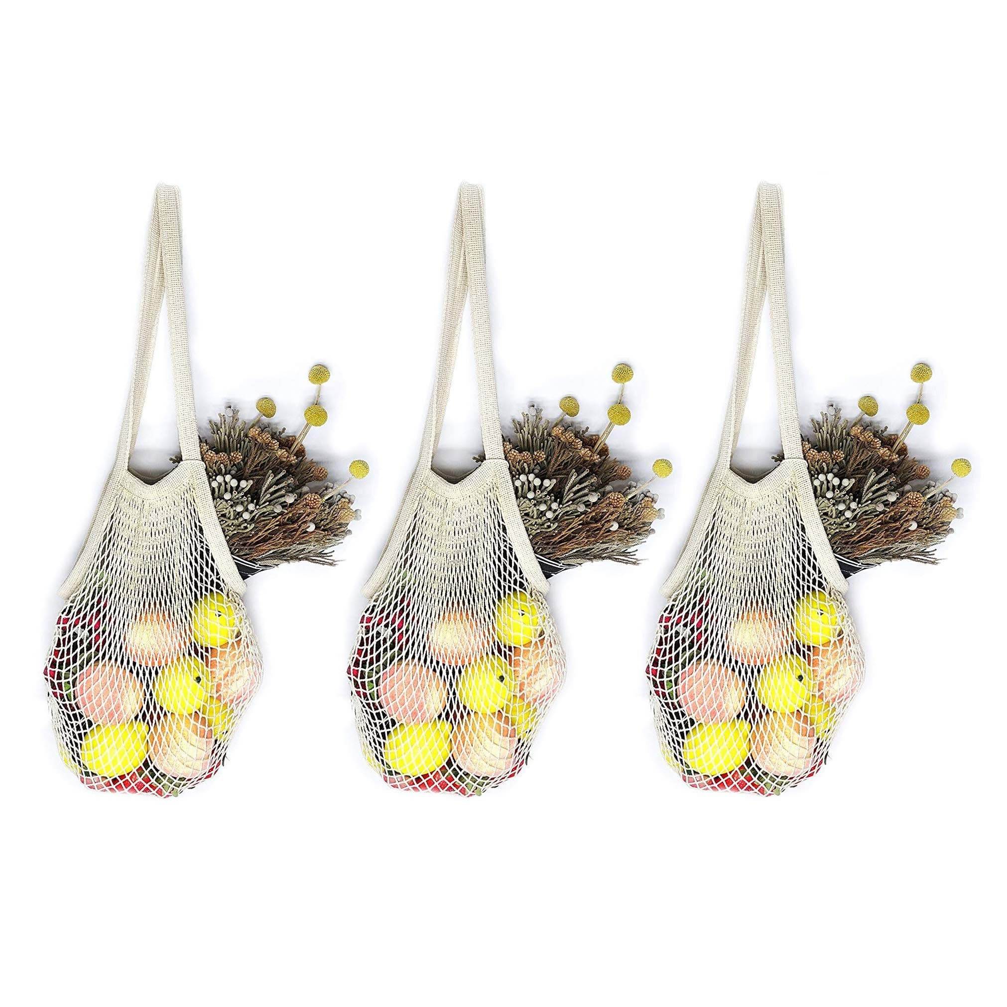 Cotton String Bag Mesh Shopping Bag Long Handle Net Grocery Tote Bag Organizer Portable for Market Toys Fruit Vegetable Storage Washable and Reusable, 3pcs