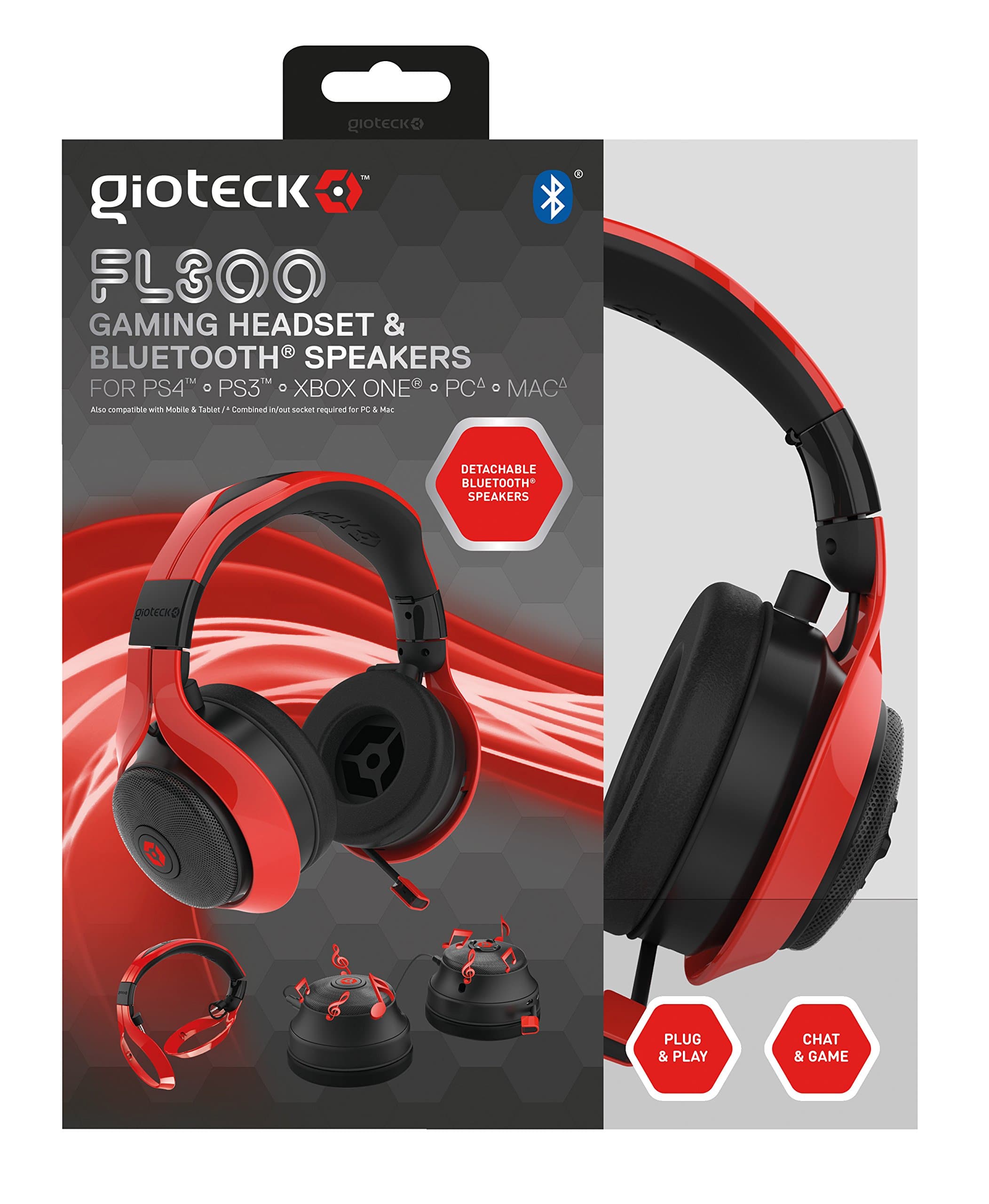 Gioteck FL300 Wired Stereo Headset with Removable Bluetooth Speakers - Red (PS4/Xbox One/Mac/PC/Playstation Vita)
