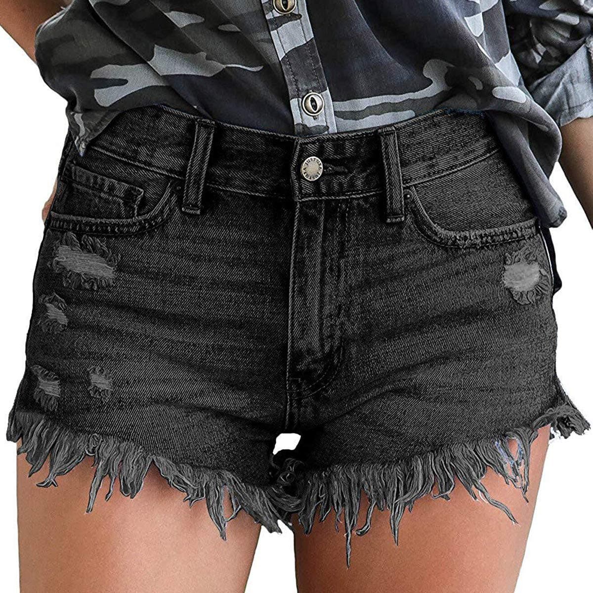 vanberfia Women's Strechy Distressed Denim Shorts