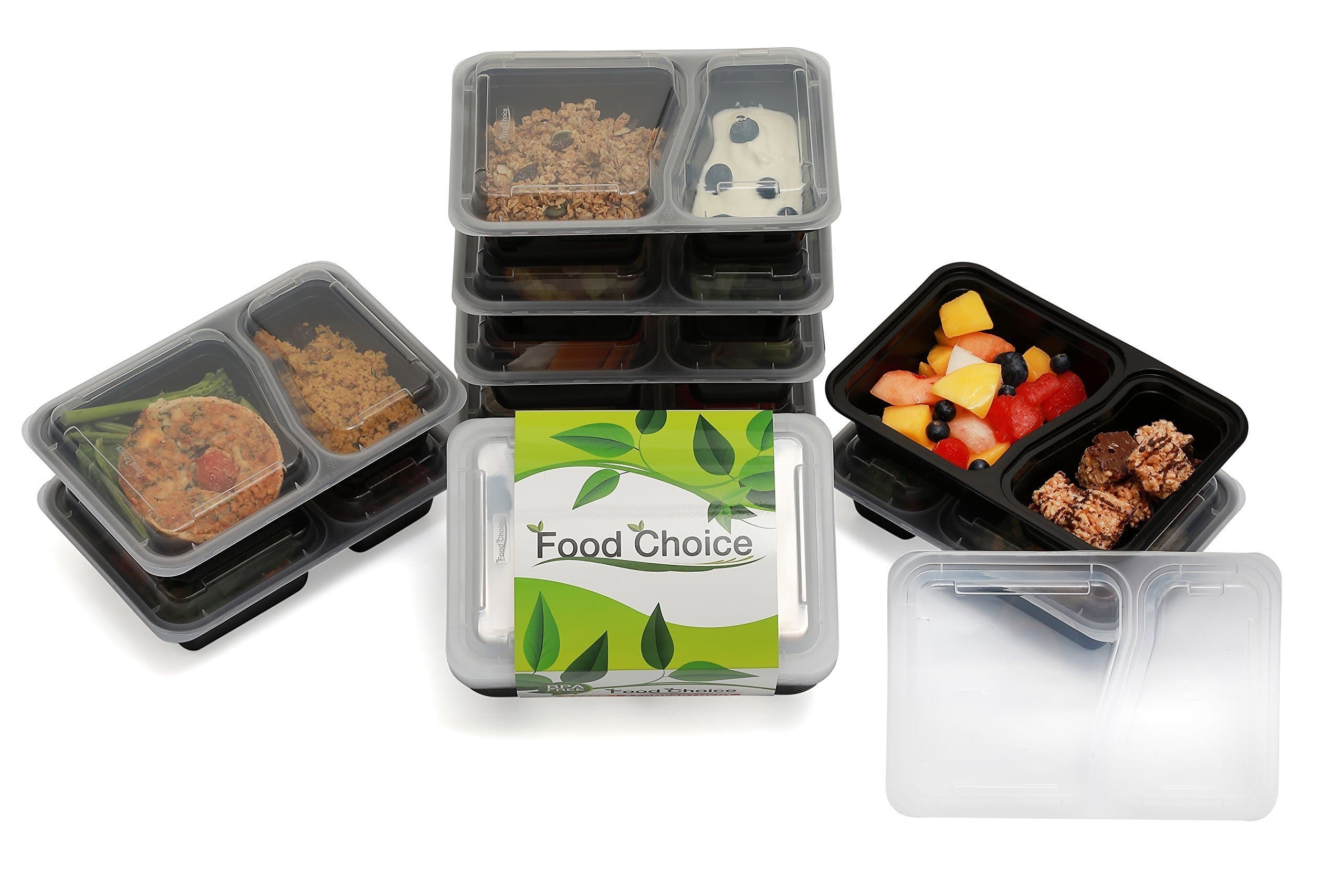 Meal Prep Food Containers with Lids for Lunch, Portion Control and Food Storage - 2 Compartment, Stackable, BPA free, Bento Box Style, Freezer, Dishwasher and Microwave Safe Tubs (8 pack)