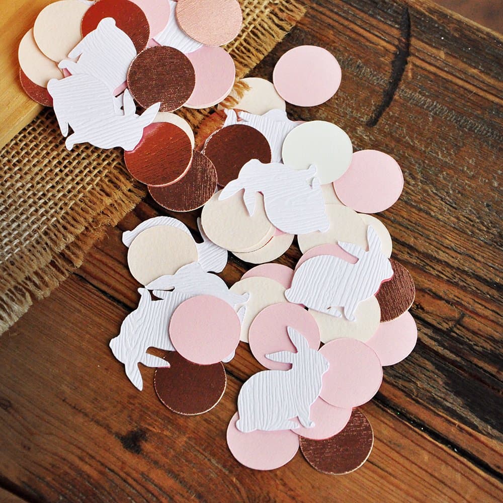 Pink Bunny Decorations. Some Bunny is One Decor. White Woograin Bunny Confetti with Pink Circles 2 Packs (50CT each).