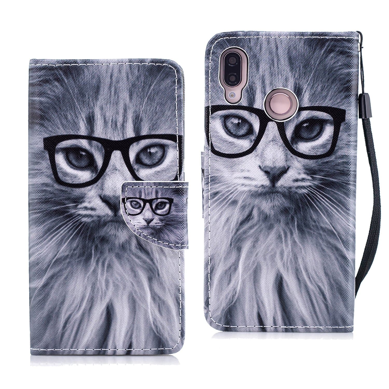 StarryON Huawei P20 Lite/Nova 3e 5.84" Flip Wallet Case Slim PU Leather Book Style Kickstand Cover Fashion Design With Animals and Illustrator Pattern Credit Card Slot(Fashion Cat)