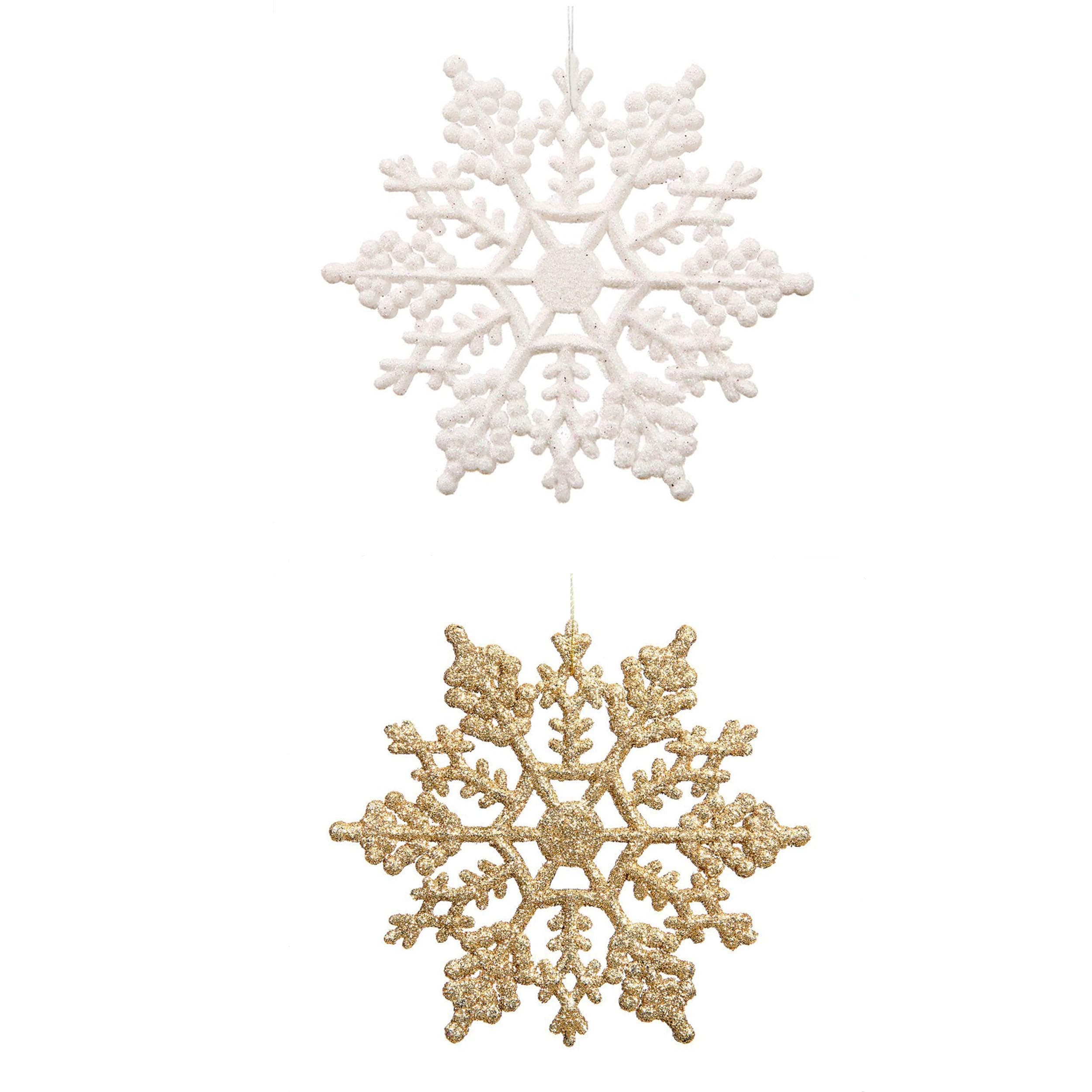 Plastic Glitter Snowflake - Pack of 48 Multiple Color Snowflakes - 4” Hanging Sparkling Christmas Snowflakes - Snowflake Decorations Christmas Ornaments (White/ Gold)