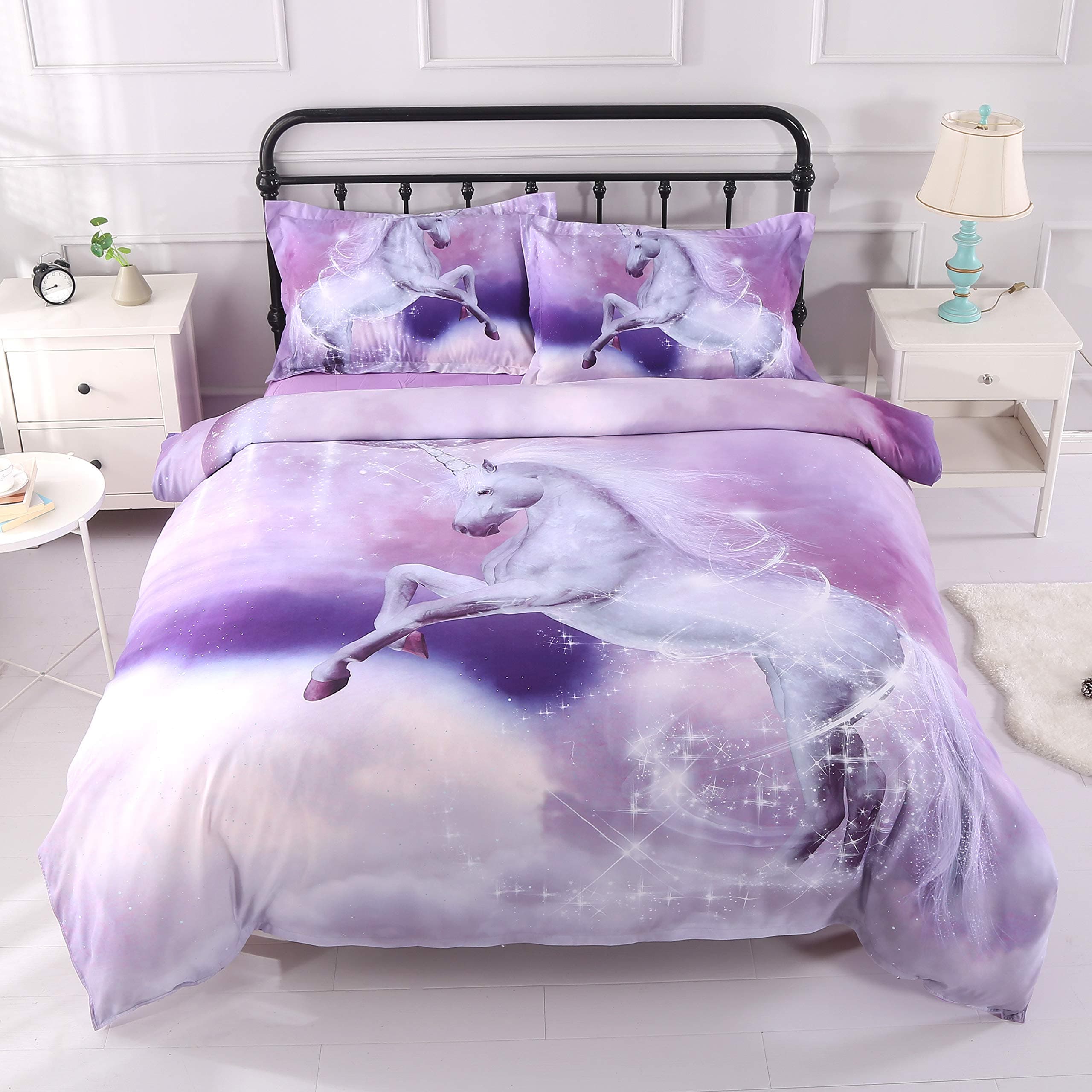 Imiee Unicorn 3D Bedding Cotton Bedding Sets 4 Pieces,1 Duvet Cover,1 Flat Sheet,2 Pillowcases, No Comforter,Lavender (Unicorn, Twin)