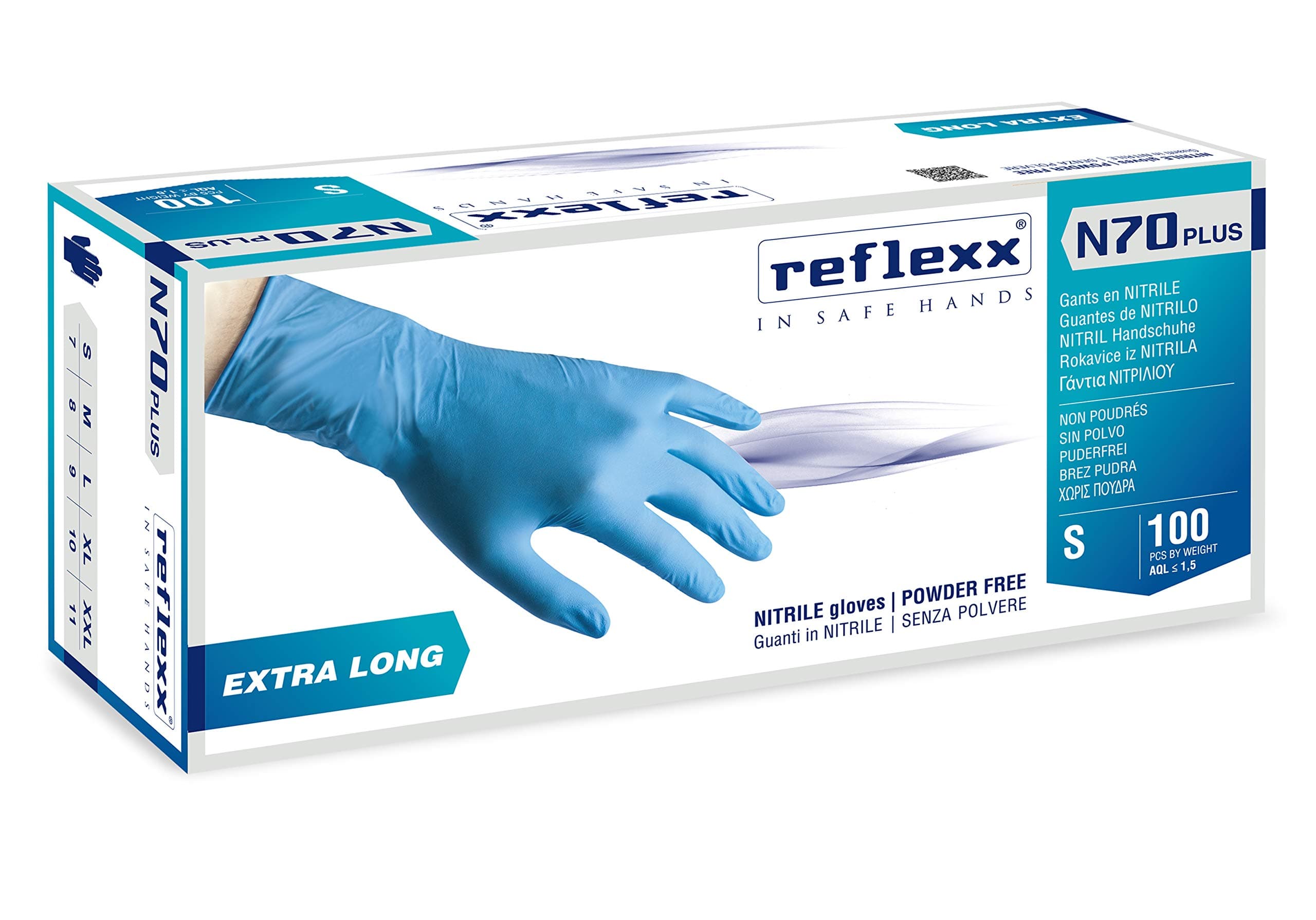 Reflexx N70P/S Extra long, 29 cm, powder free nitrile gloves gr 5.8, Size Small, Light Blue (Pack of 100)