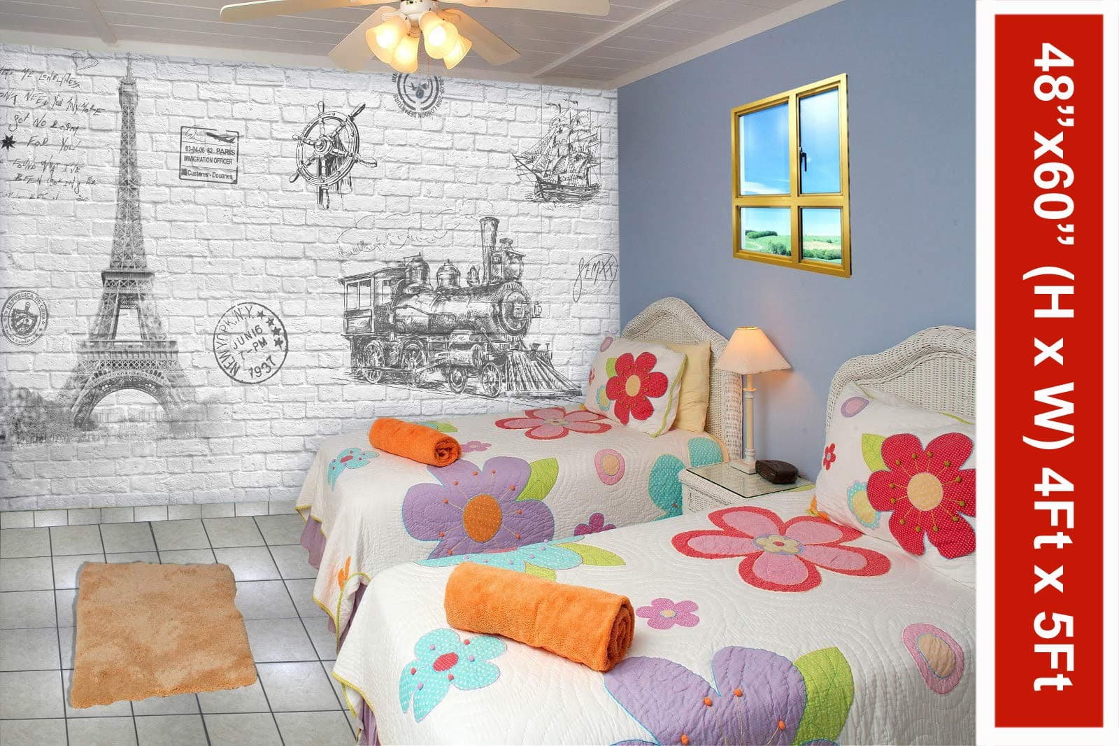 999store 3D White Bricks and Eiffel Tower Wallpaper (Non-Woven_4x5 Feet_White)