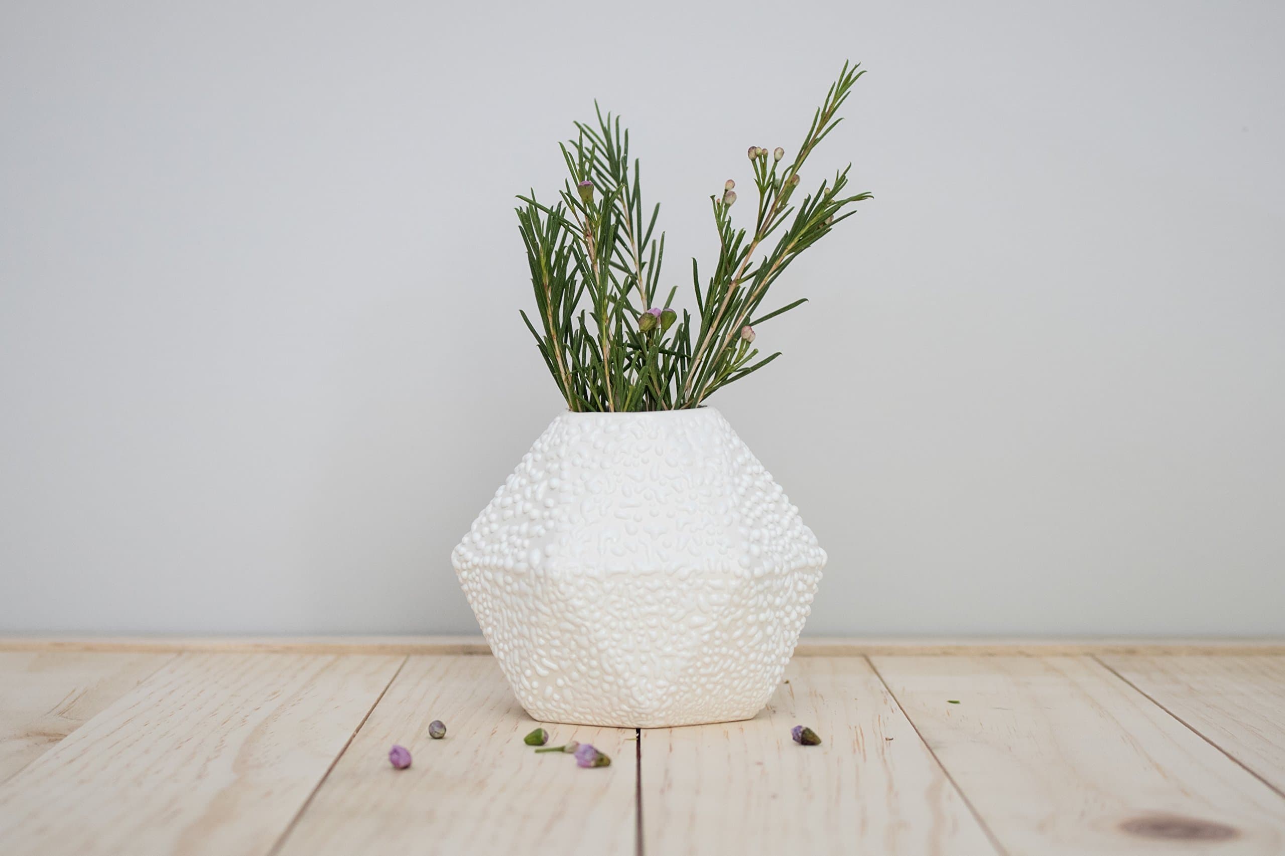 Geometric ceramic short Bud Vase with white crawl glaze