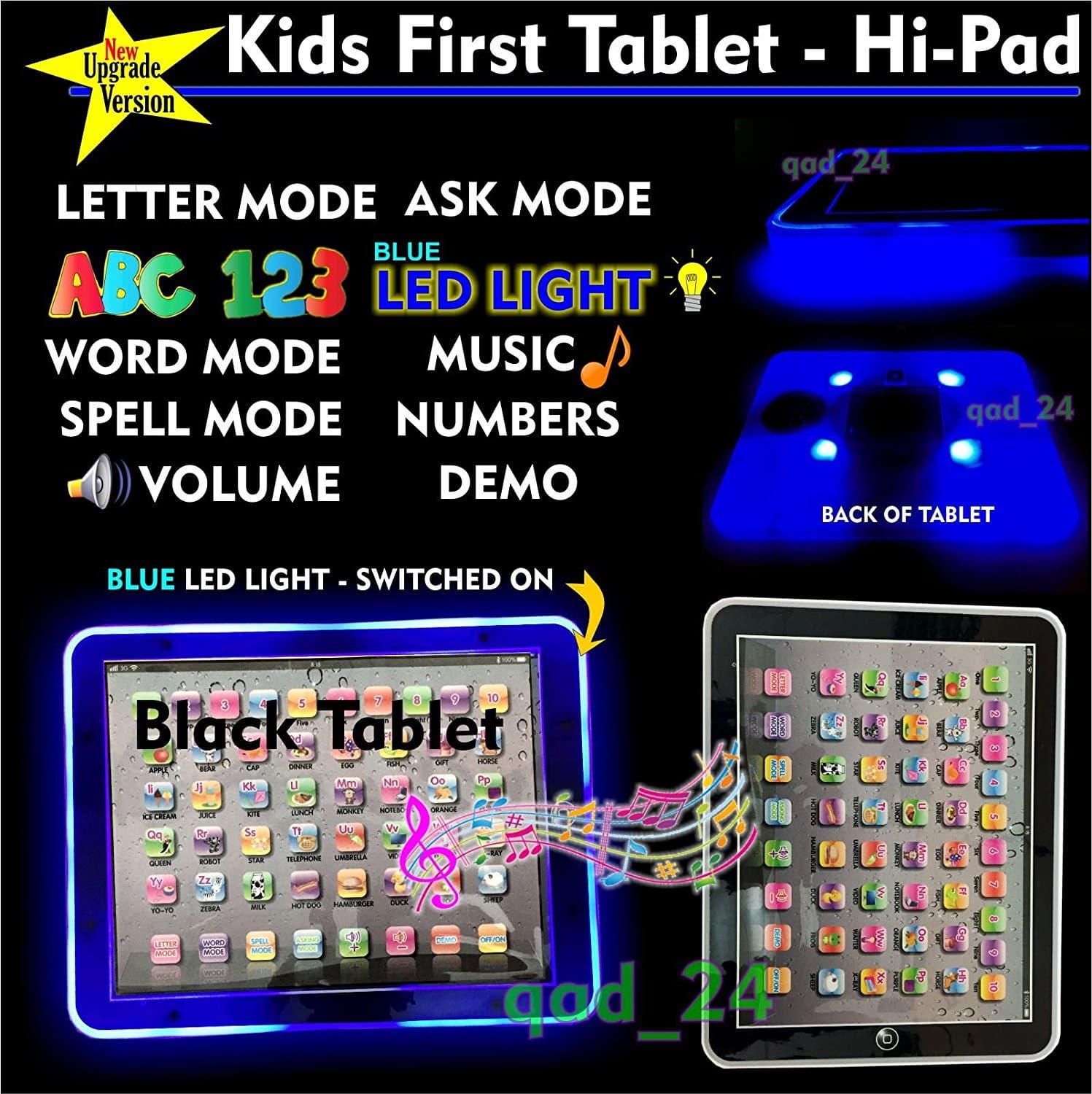 a2b LED LIGHT UP - Kids Tablet PAD TAB Educational Toy Fun Xmas Gift for Girls Boys (BLACK)