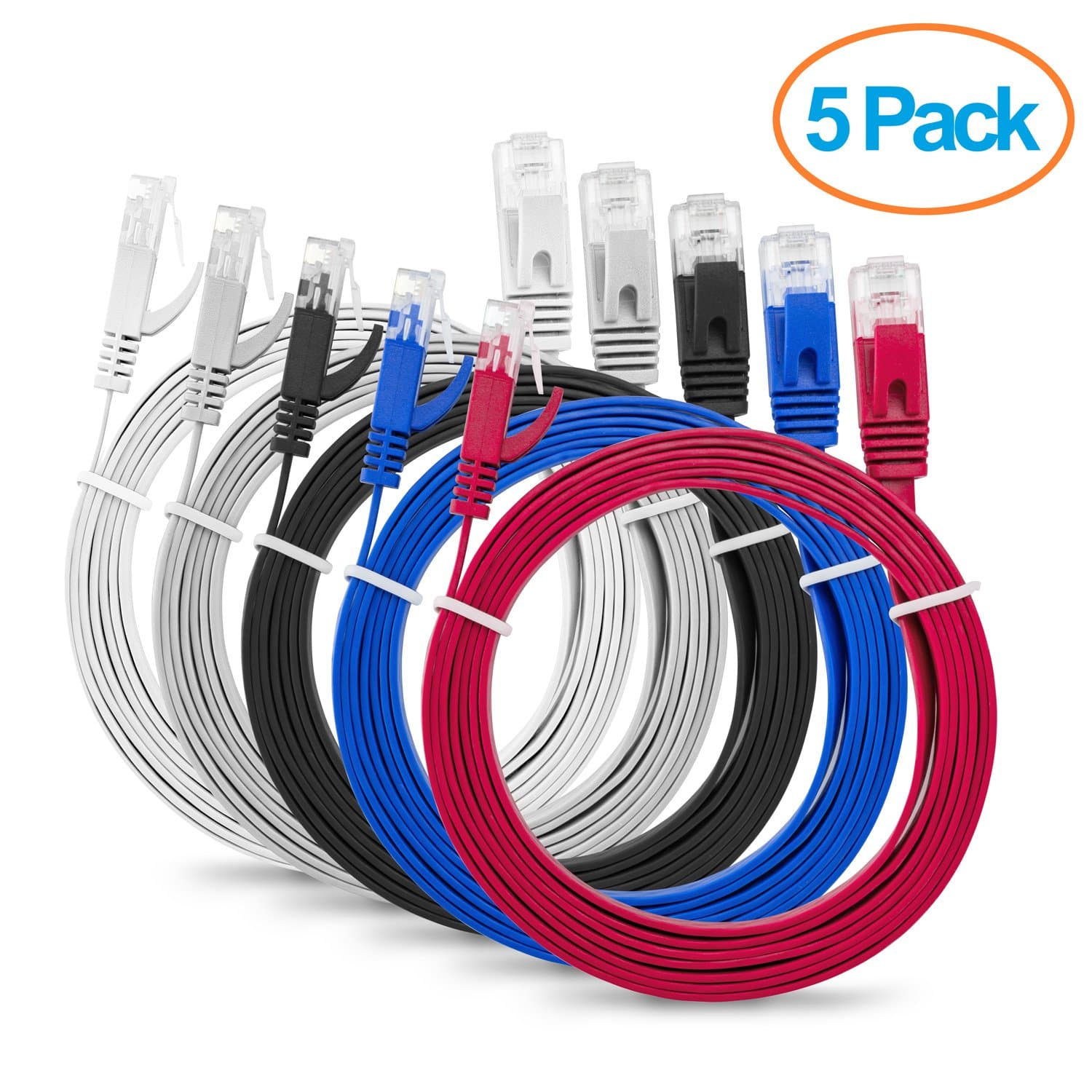 Aurum Cables Flat Cat6 Snagless Network Ethernet Patch Cable - 1.5 Feet - Grey-Blue-White-Black-Red - 5 Pack