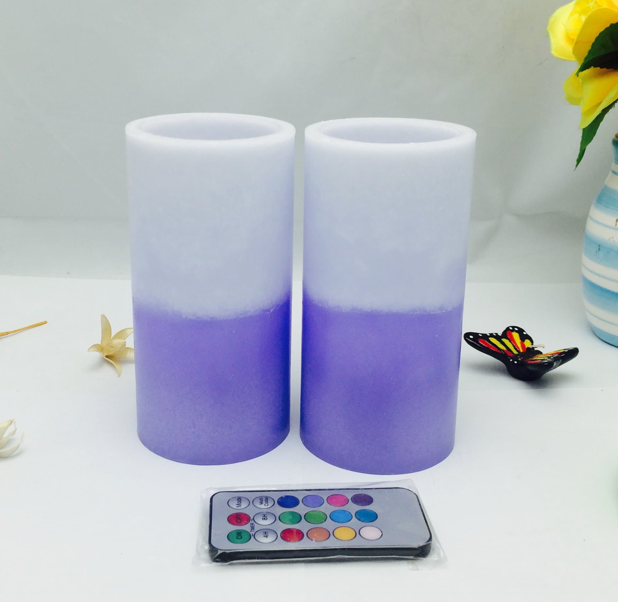 Battery Operated led lights real wax with 2-layer purple snowflake effect ,lavender scent ,remote control timer candles, 3 by 6" height,2 pieces set,color changing/night light-by Adoria