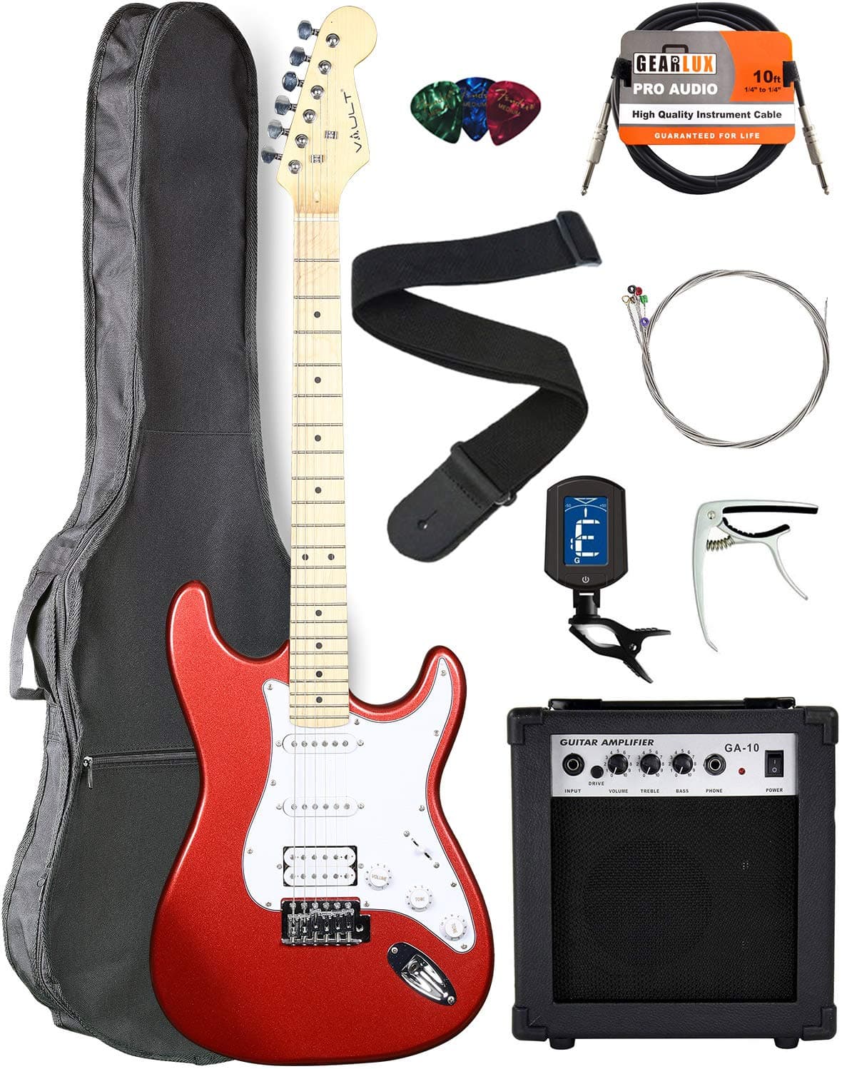 Vault Electric Guitar with Maple Neck Bundle with Gig Bag, 10w Amp, Strap, Tuner, Strings, Instrument Cable, Capo, and Picks - Metallic Red