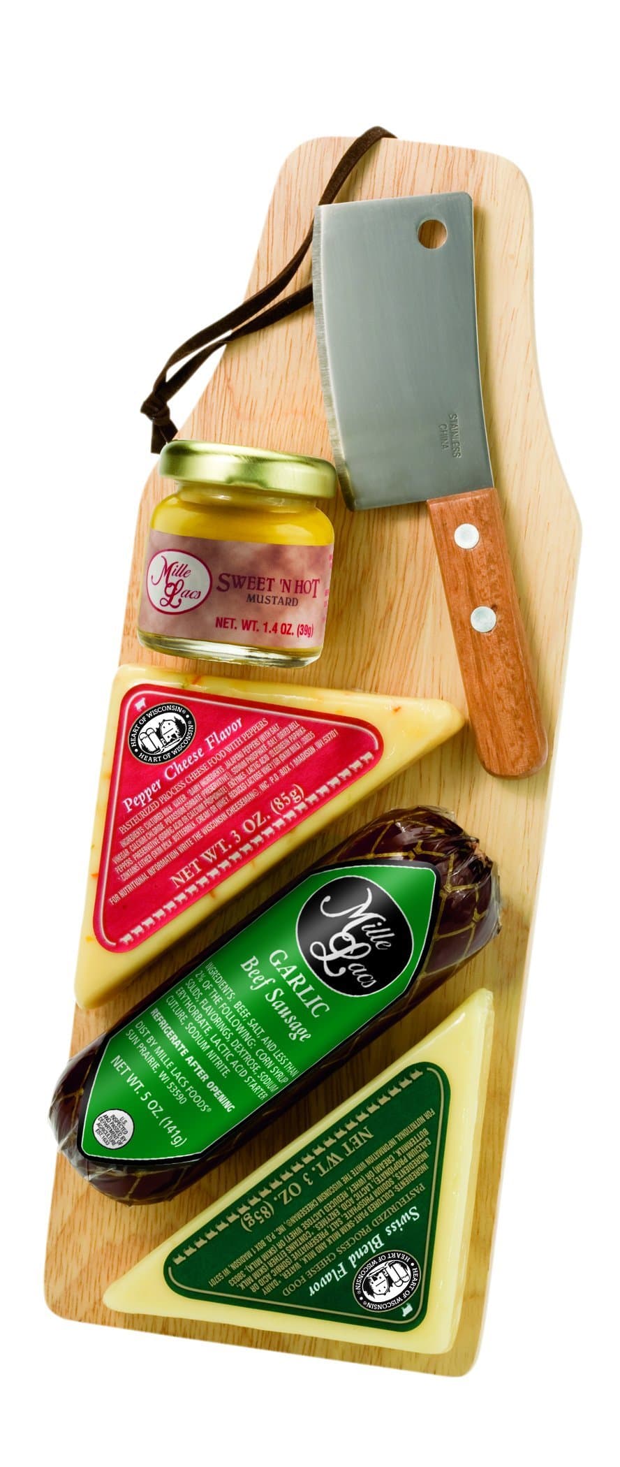 Paddle Board Cheese Sausage Mustard and Mini Cleaver with Cutting Ideal Food Pack Guy Father Bulk Party Favor Teacher Corporate Business Employee Family Best Holiday Gift Basket Idea Stocking Stuffer