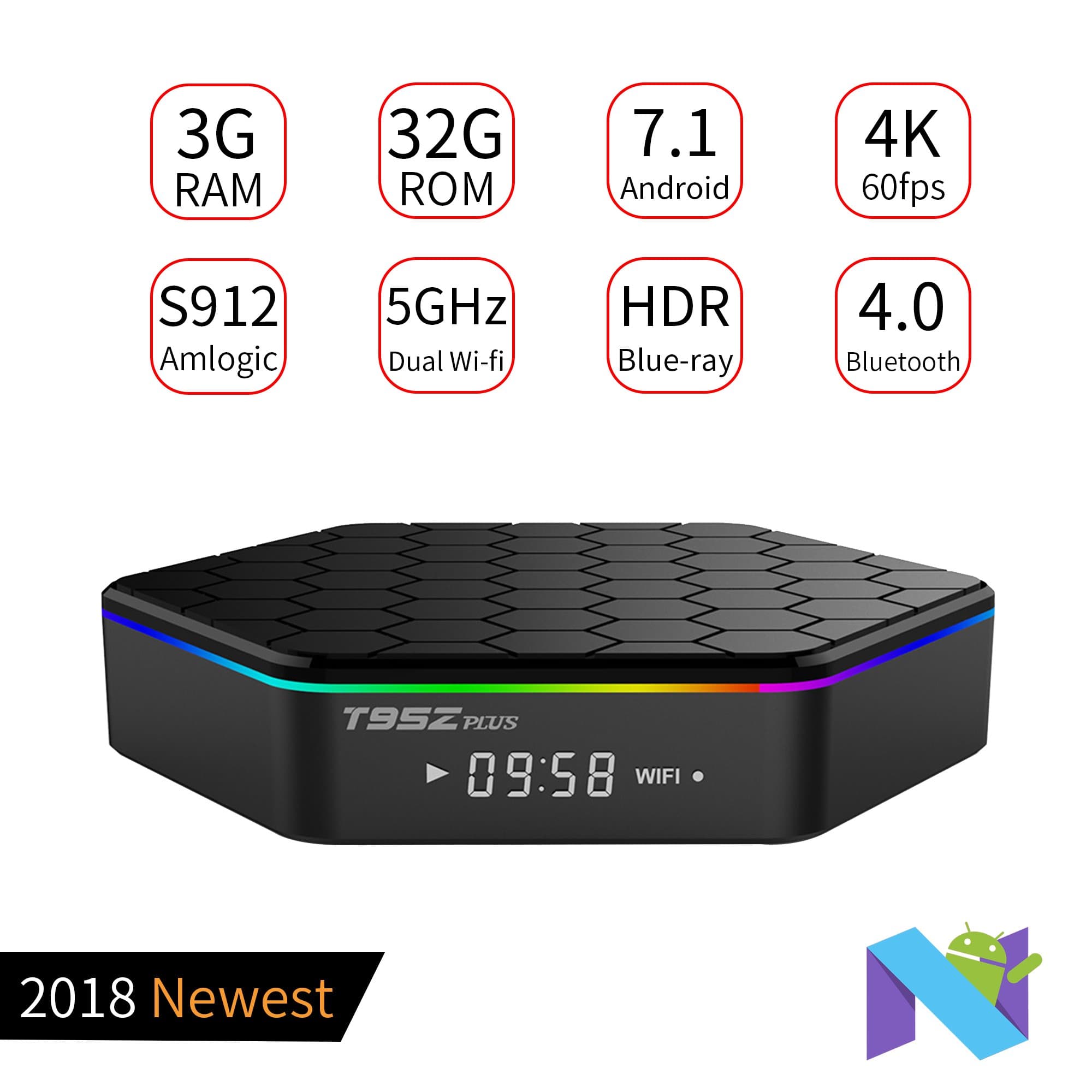 PULIER T95z Plus 3GB RAM 32GB ROM Android 7.1 TV Box S912 support HDR+ | H.265 | 3D Blue-ray | 4K and 2.4G/5G wireless Bluetooth 100M/1000M LAN