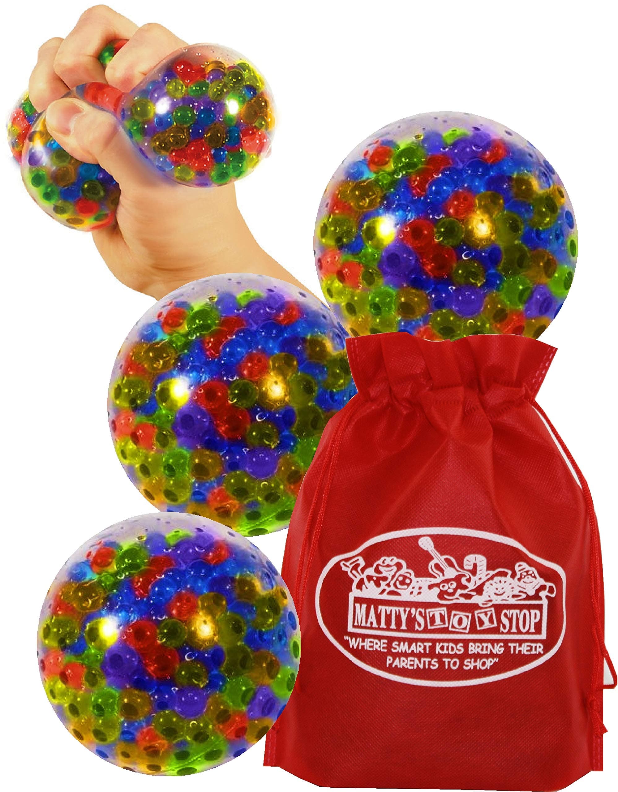 Schylling Squeezy Peezy (Soft & Easy!) Squishy, Squeezy, Stretchy Rainbow Stress Balls Gift Set Party Bundle with Bonus Matty's Toy Stop Storage Bag - 3 Pack