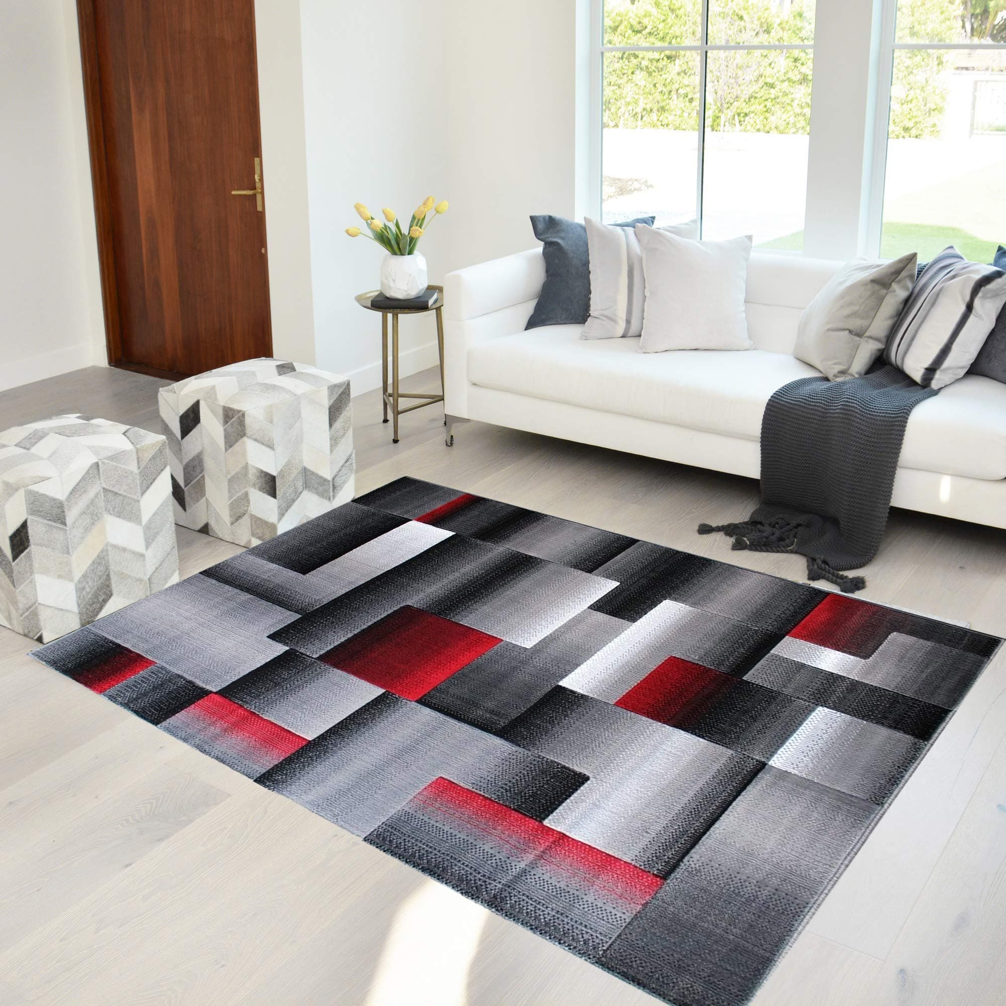 Handcraft Rugs Red Lava/Silver/Gray Abstract Geometric Modern Squares Pattern Area Rug 5 ft. by 7 ft.