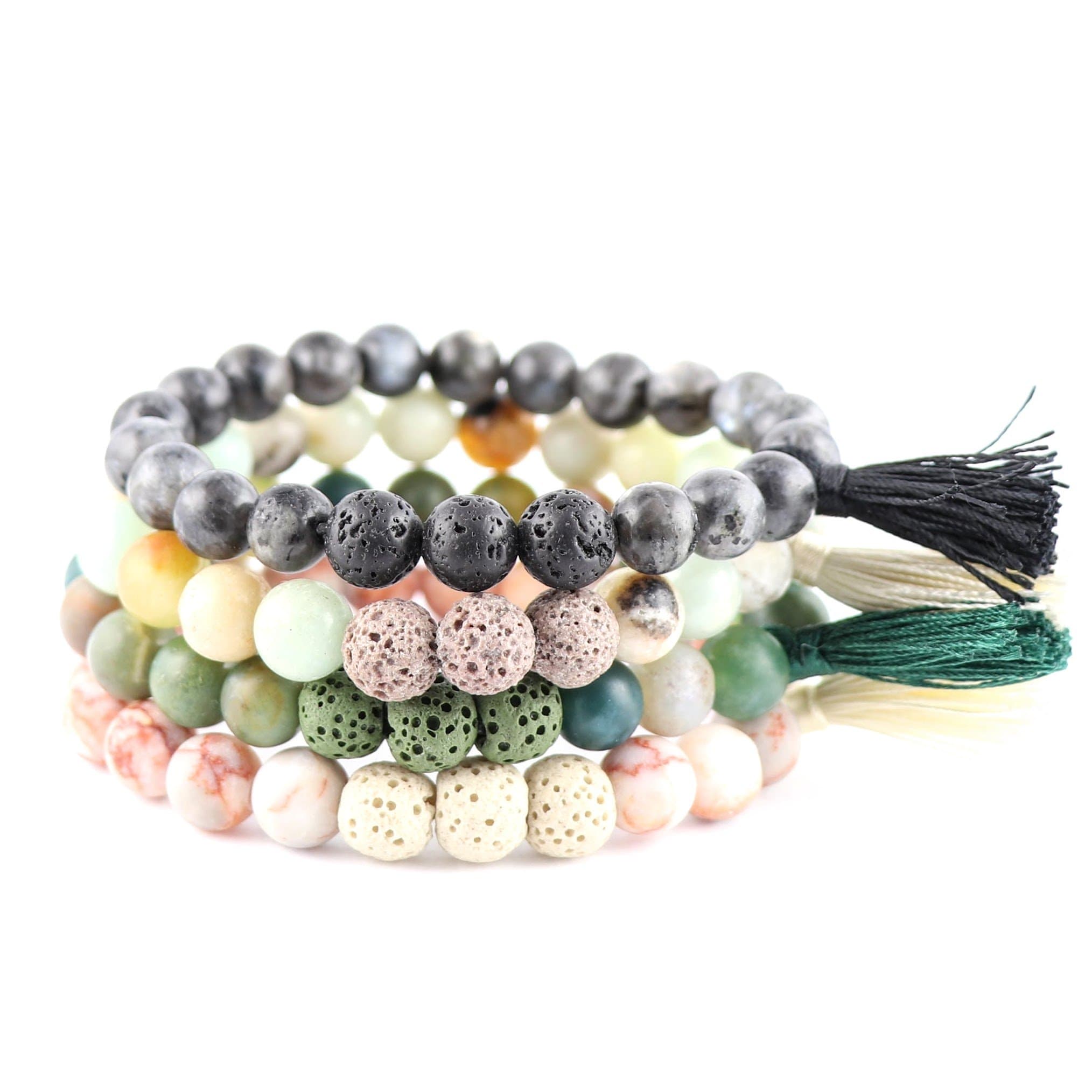 | New Natural Lava Rock Stone Essential Oil Diffuser Tassel Bracelets for Aromatherapy | FIRST AID rescue aroma bracelet kit | Distance Friendship Mala Tibetan String Prayer Beads | 20 OPTIONS | Gift Box Included | For Man Women Couples