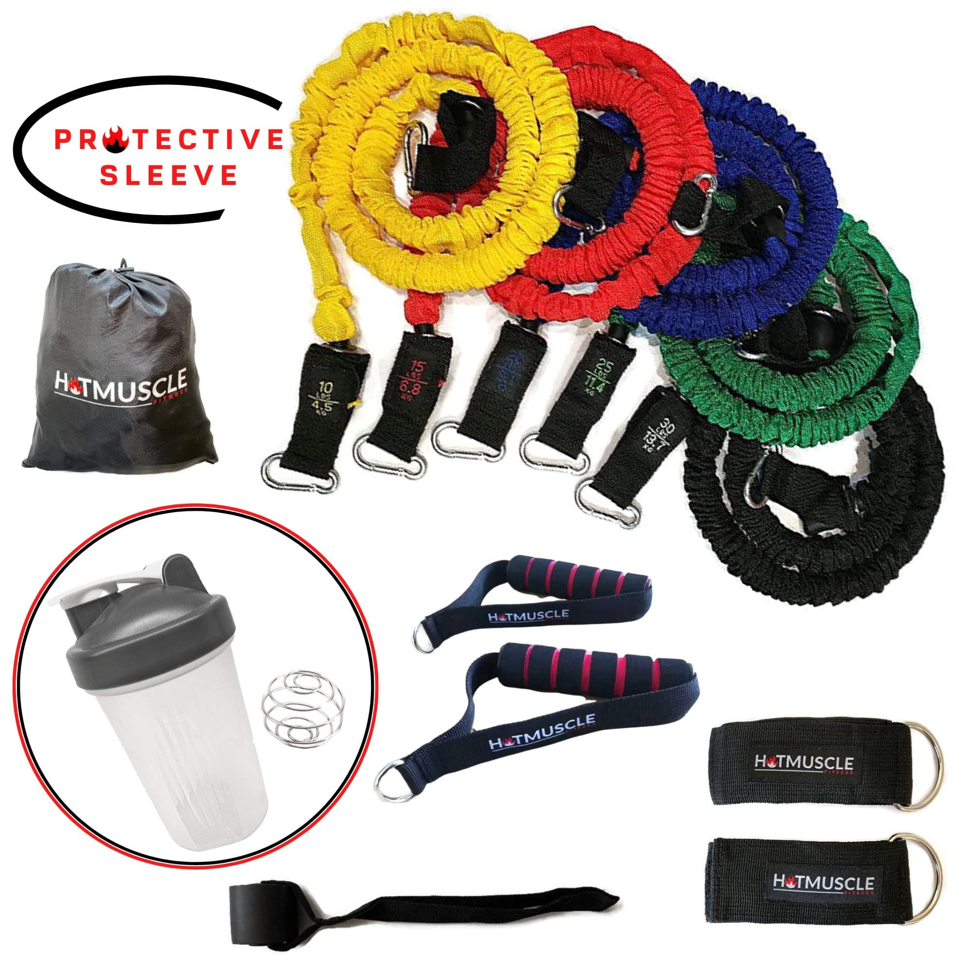 Resistance Bands with Handle Set - Anti Snap Nylon Covered Sleeve Exercise Bands with Handles -13 Pcs Tension Bands for Working Out with Door Anchor, Ankle Straps, Carry Bag and Protein Shaker Cup