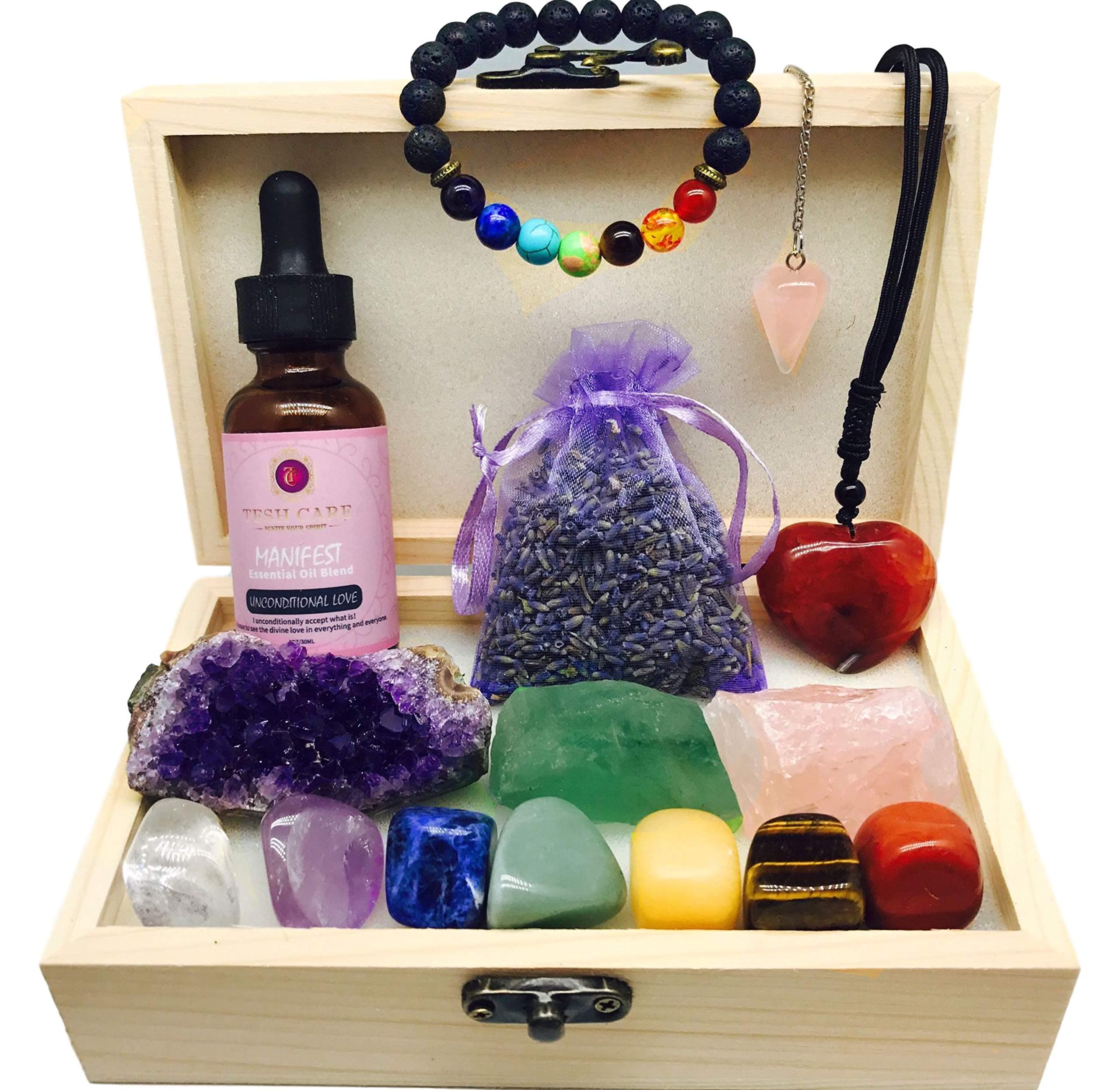 Premium Healing Crystals Set for Love,15 pcs 7 Chakra Stones, 3 Healing Crystals, Love Oil, Chakra Essential Oil Bracelet, Rose Quartz Pendulum, Carnelian Necklace, Wooden Box, Premium Gift for Love