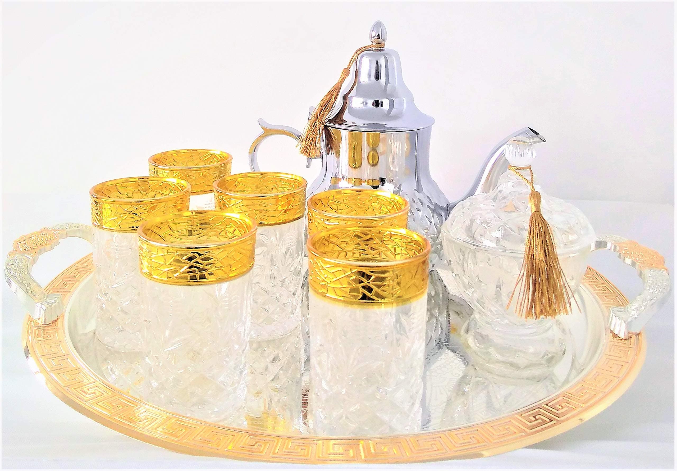 Mystery Souk Complete Moroccan Tea Set with 6 Glasses, One Plate and One Typical Moroccan Teapot with Sugar Bowl or Candy Jar.