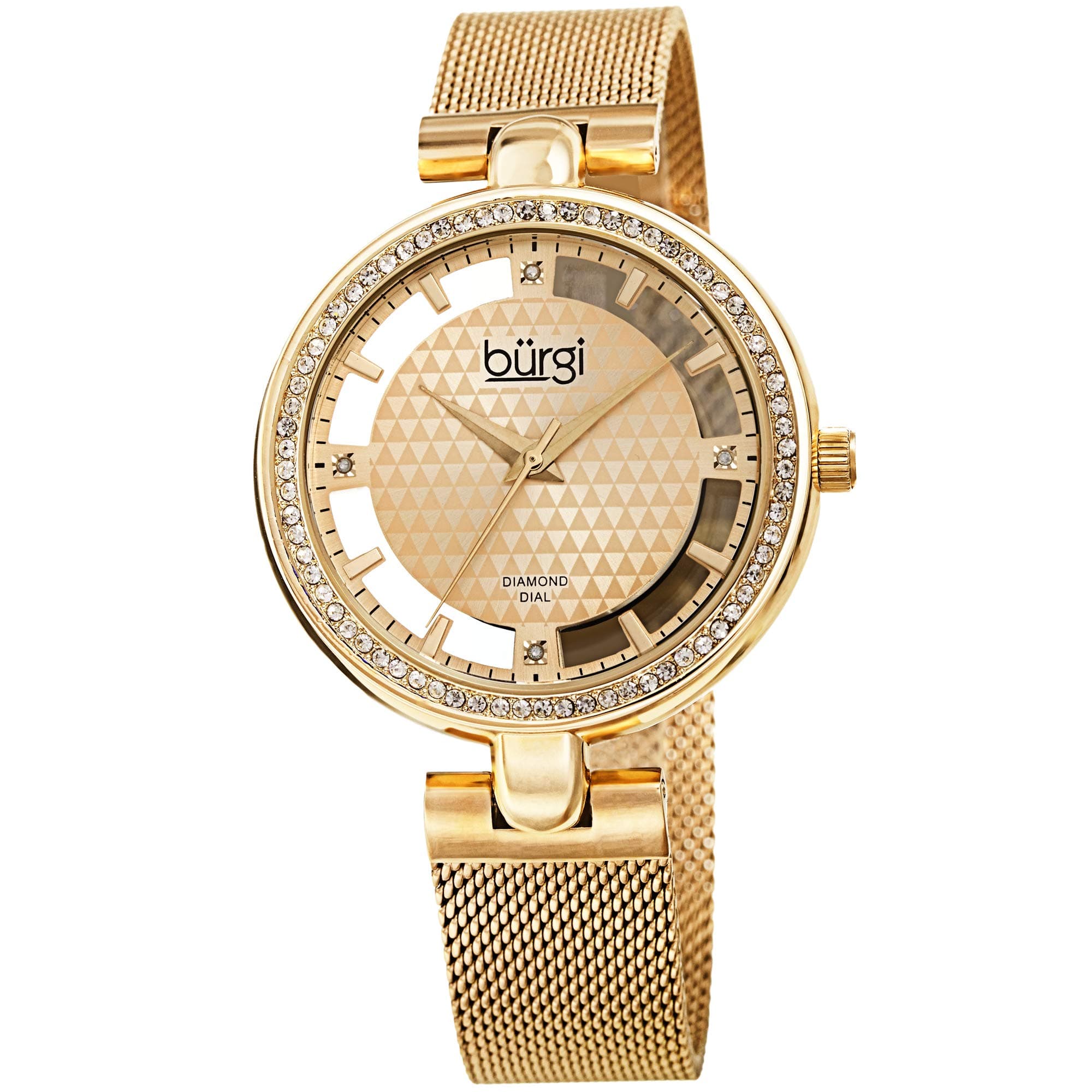 Sparkling Colored Crystals Women's Watch - Floating Dial On Shimmering Triangle Pattern 4 Genuine Diamond Markers On Stainless Steel Mesh Band -BUR262 (Yellow Gold)