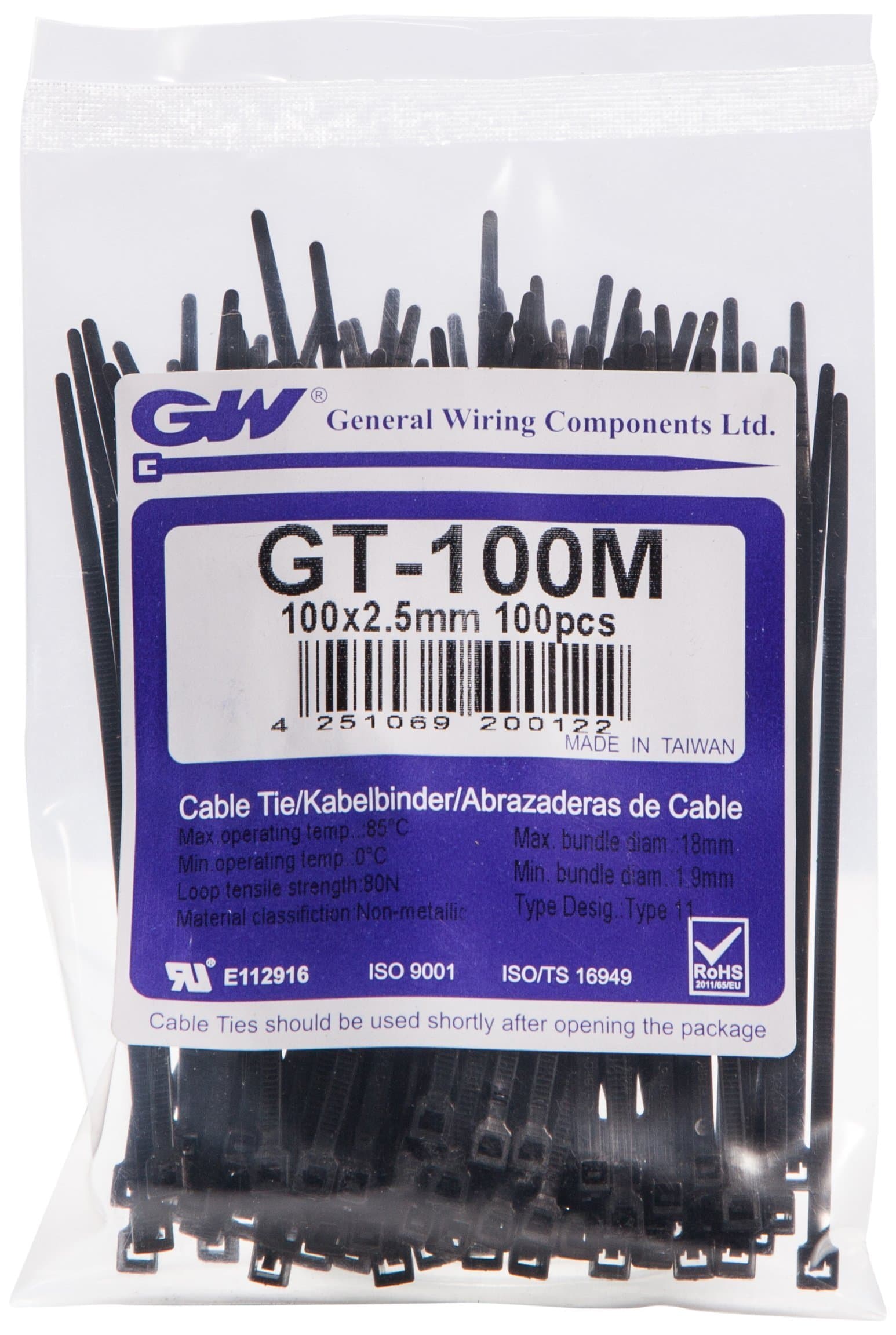 GW Wiring Products, Cable Tie 100 x 2.5 mm, Black, 100 pcs, GT-100MBC, Set of 100 Pieces