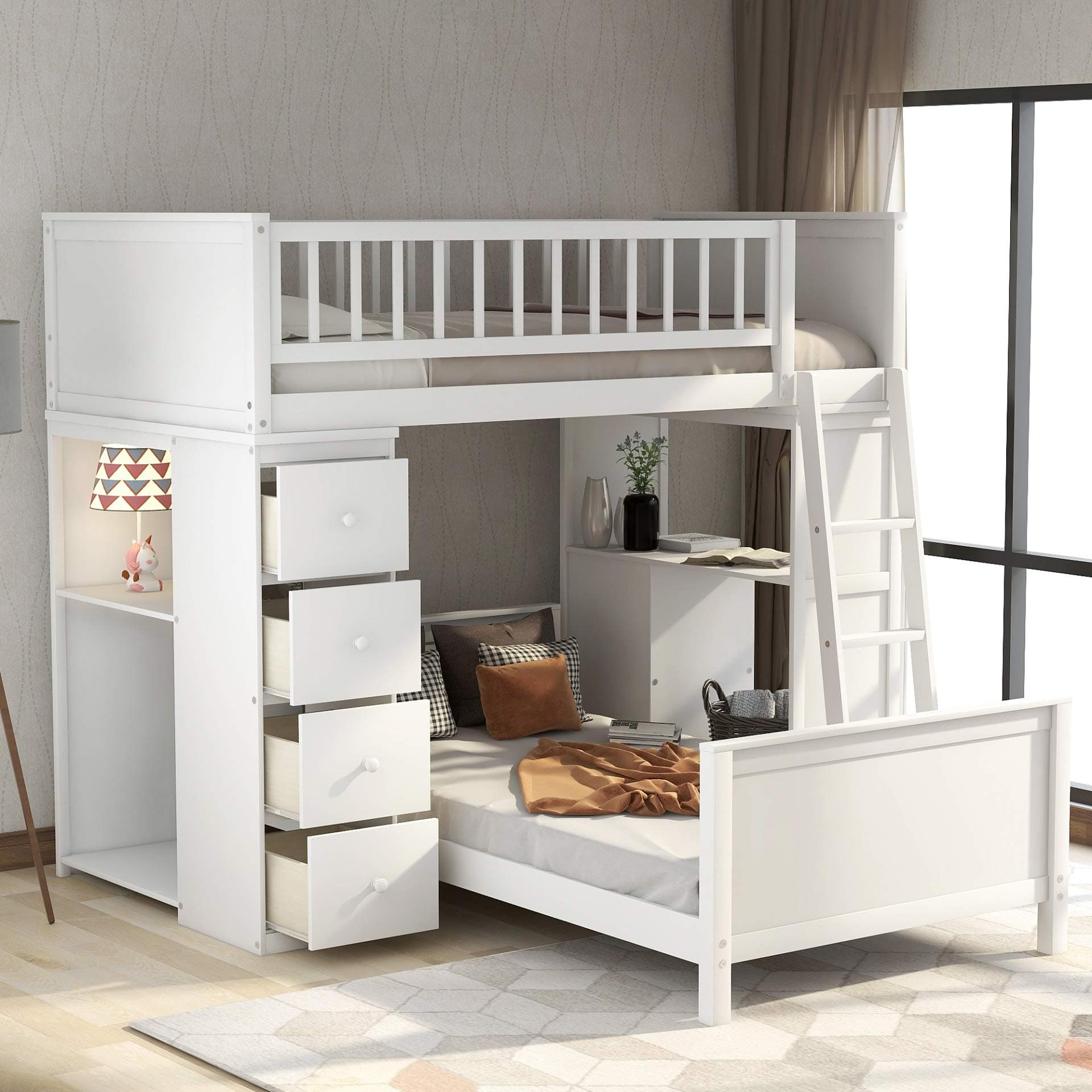 Twin-Over-Twin Bunk Bed for Kids, Loft System & Twin Bed Set with Desks and Drawers, Fresh White