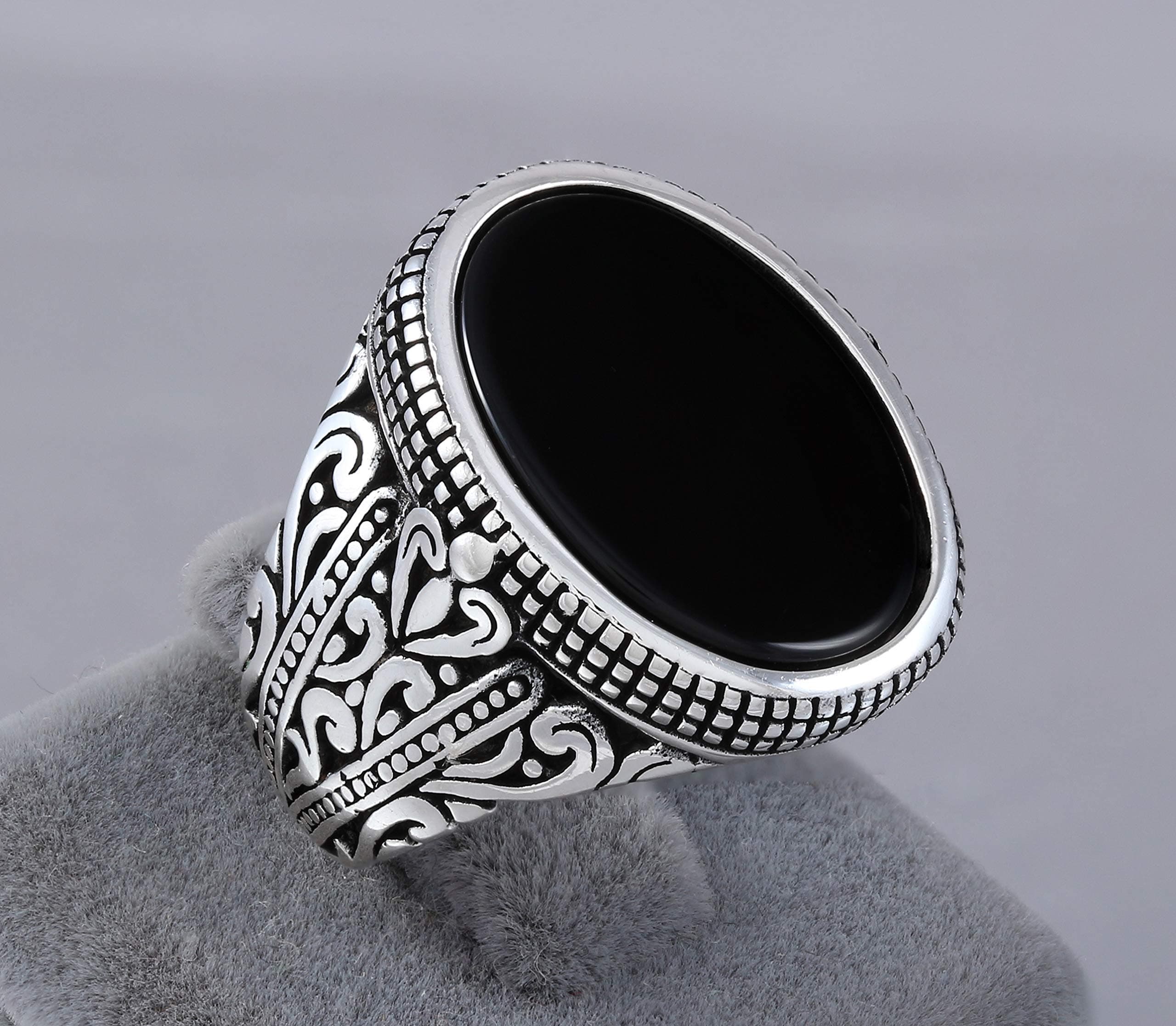 925 Sterling Silver Ring for Men with Oval Black Onyx Stone Turkish Handmade Mens Jewelry Male Rings Size 10