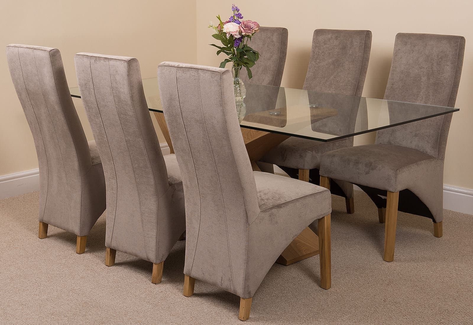 Valencia Large Oak 200cm Modern Glass Dining Set Table and 6 Grey Fabric Chairs