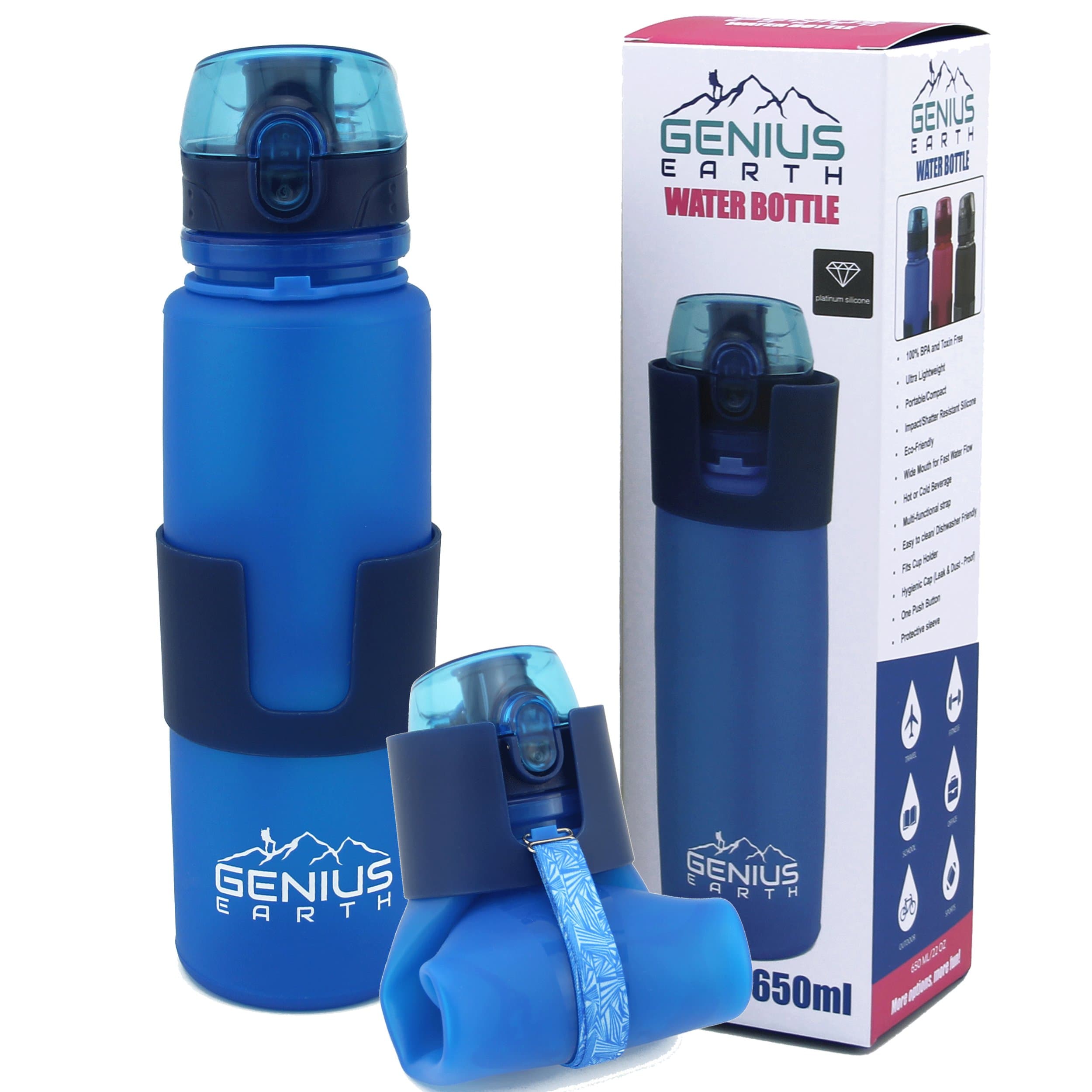 Genius Earth Foldable Water Bottle - Collapsible, Portable, Silicone Drink Bottle for Hiking, Sports & Travel. Lightweight, Reusable Bottles for Men, Women and Kids. BPA Free. 22oz