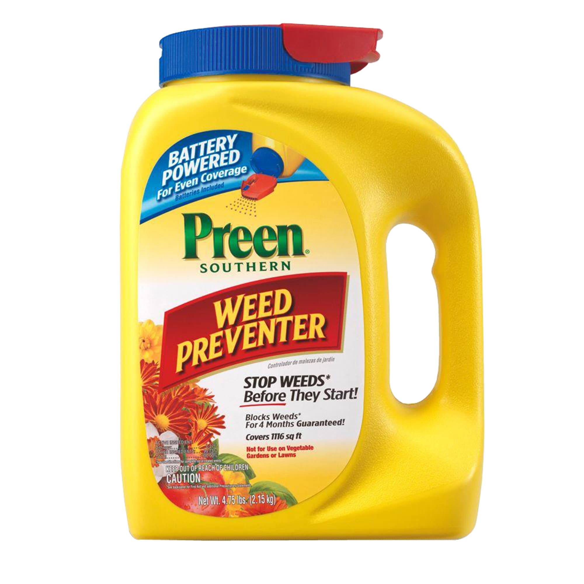 Preen Southern Weed Preventer with Power Spreader Cap, 4.75 lb bottle, Covers 1,120 Sq. Ft.
